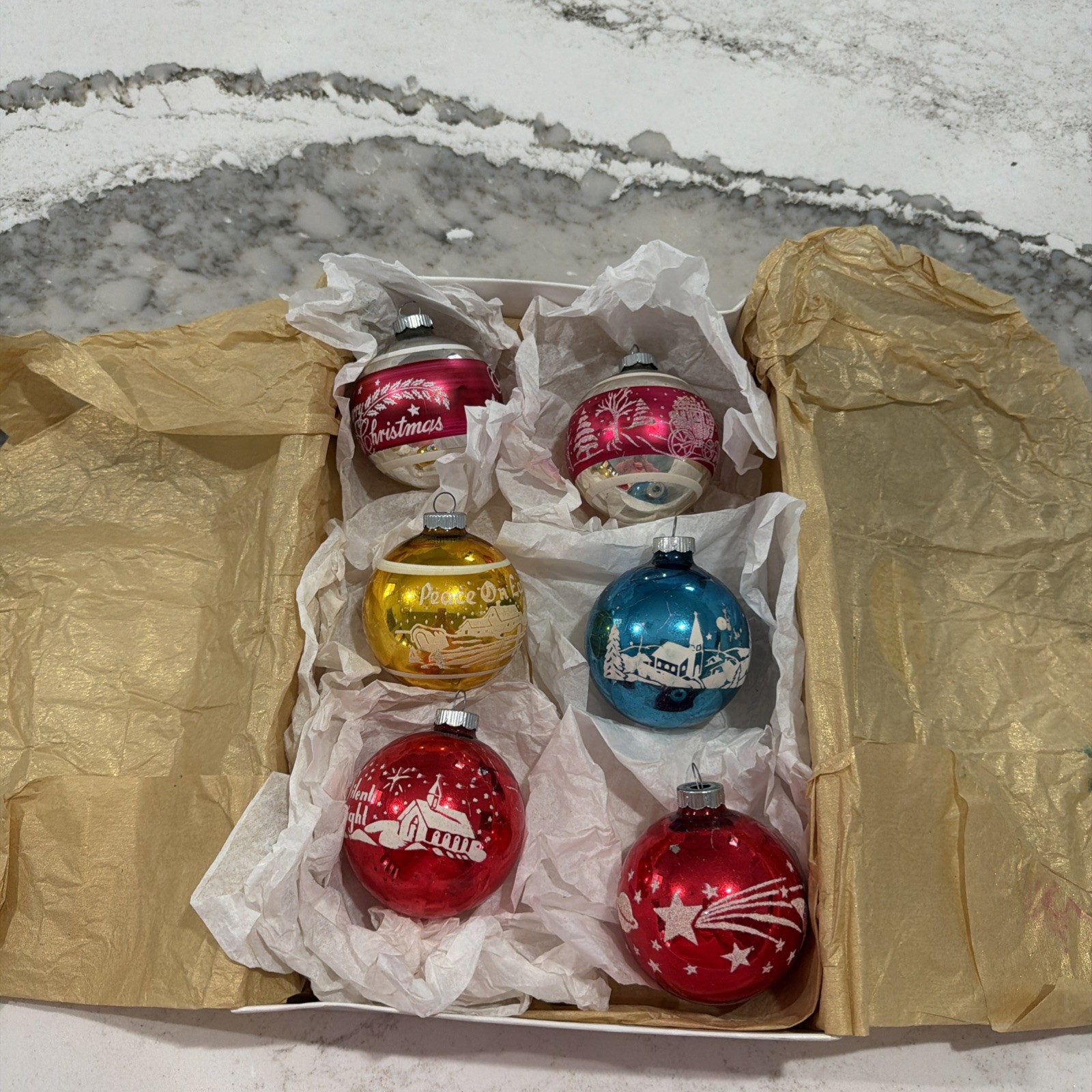 Vintage Stencil Mercury Glass Christmas Ornament Lot set of 6 Shiny Brite 3.5”