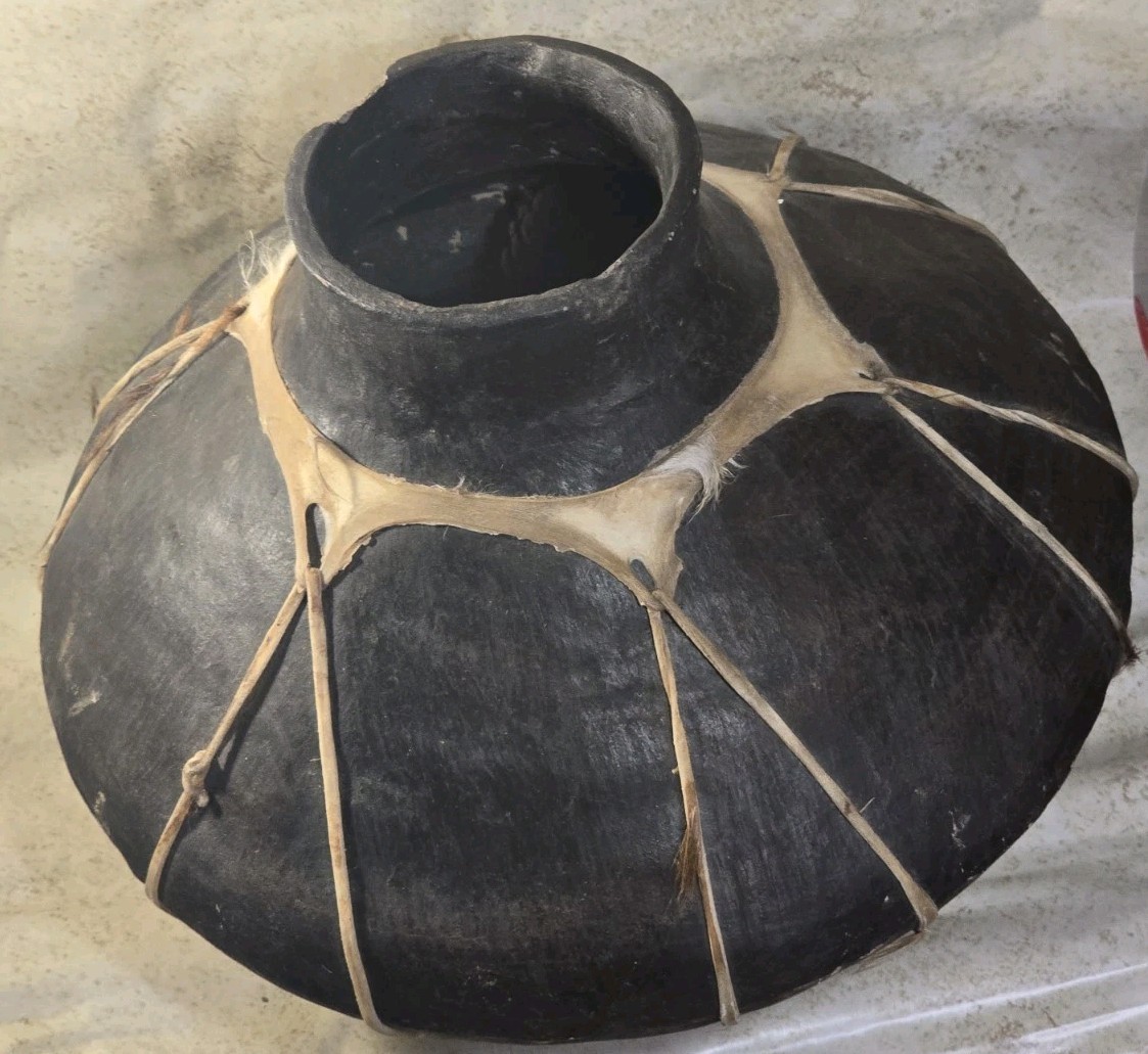 Vintage Tarahumara Pottery Pot Vase- Rawhide Wrap Decor 12