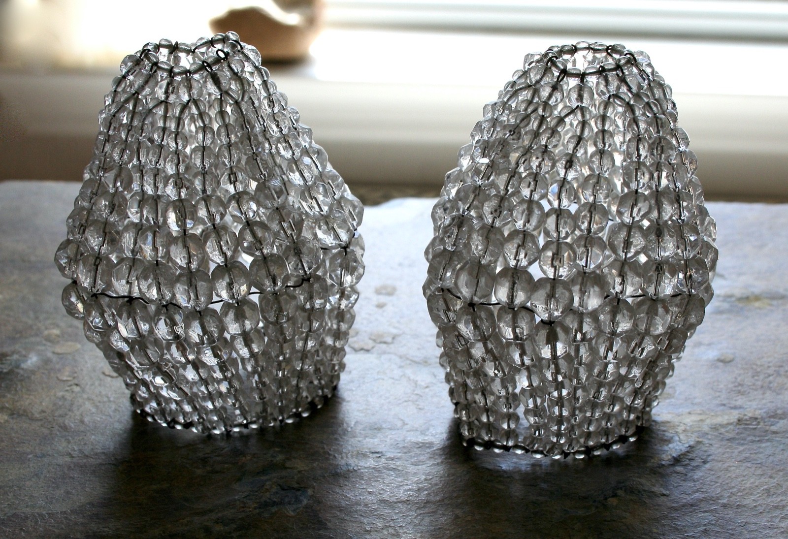 Antique French European Faceted Crystal Glass Beaded Candelabra Bulb Covers Pair