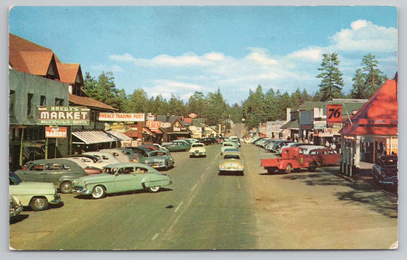 Vintage Big Bear Ca Postcard Main Street Signs Reedys 76 Gas Drugs Malt Cars