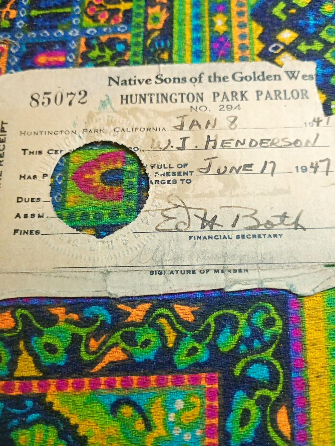 Native Sons of the Golden West Huntington Park Parlor 294 CA 1947 dues receipt 