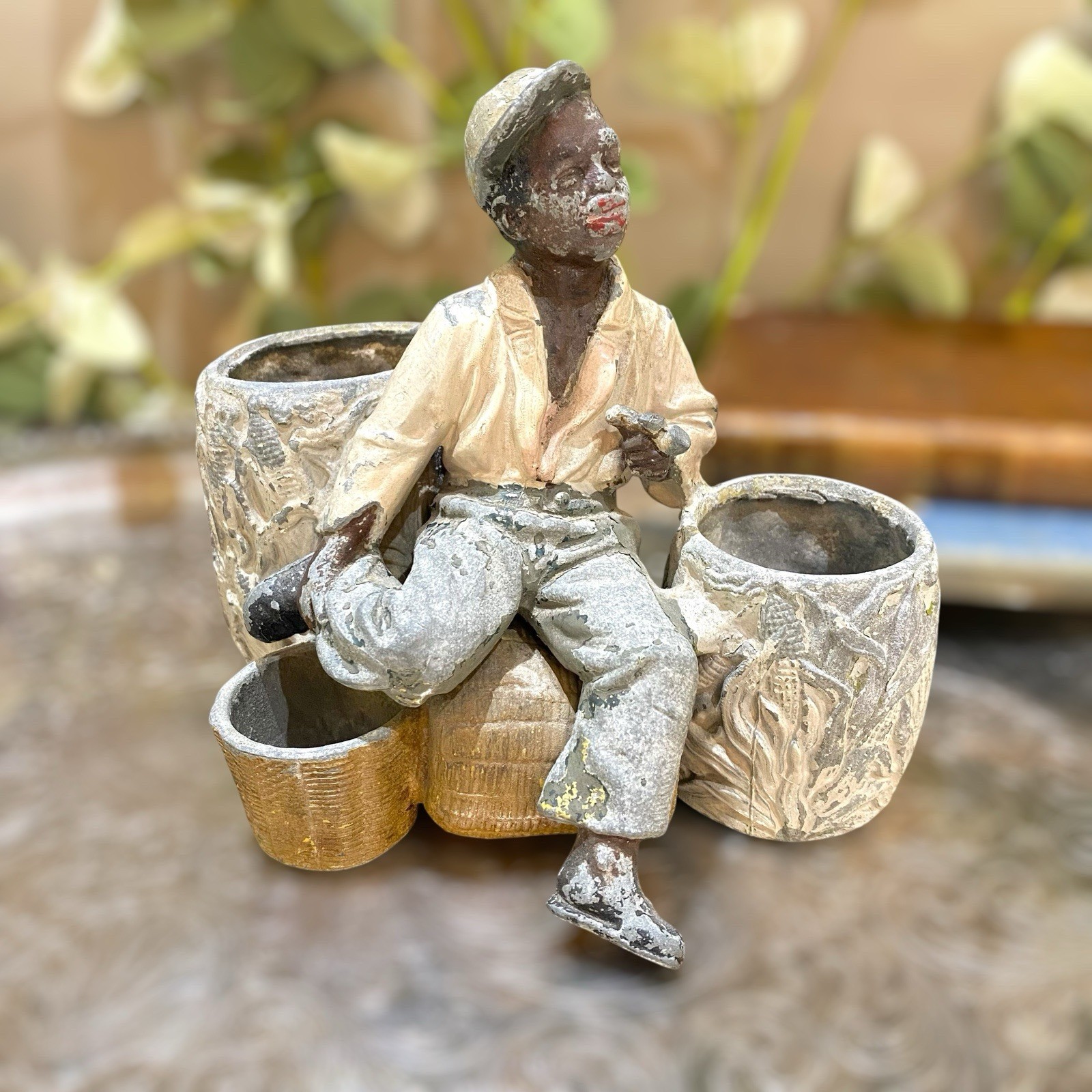 Antique Spelter Figure Of Man Pipe Match Cigarette Holder Tobacciana 1800’s