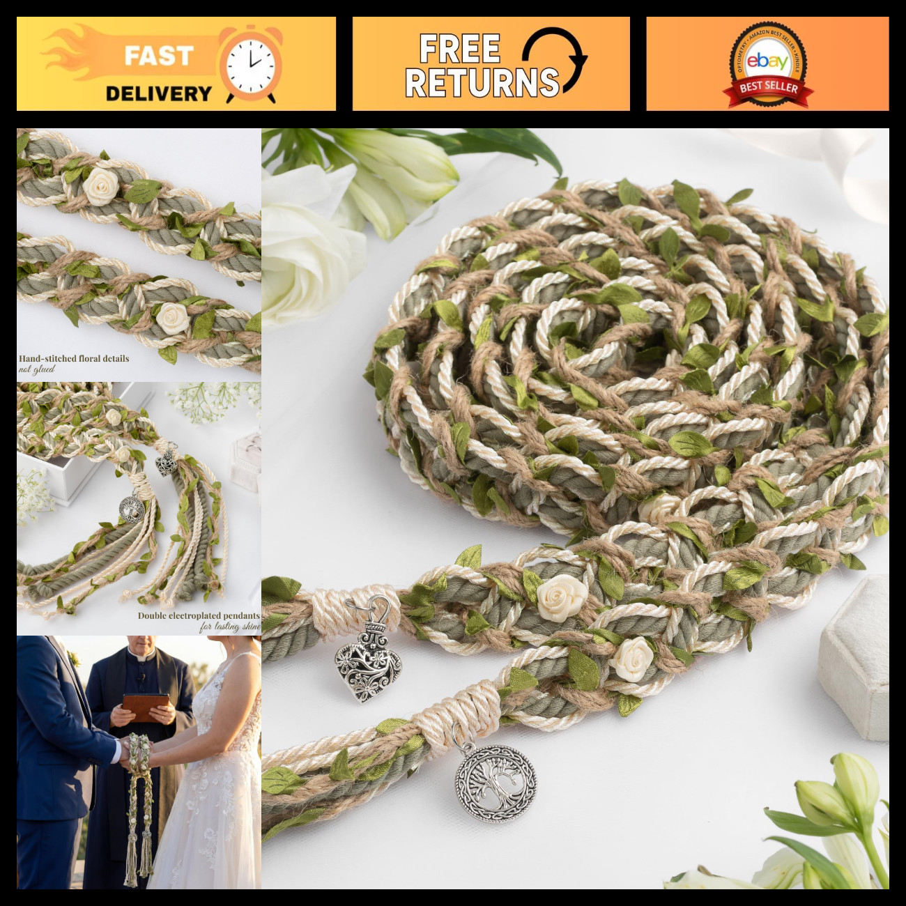 Celtic Wedding Handfasting Cord - Sage Green Braided Ceremony Rope & Pendants Celtic Wedding Handfasting Cord - Sage Green Braided Ceremony Rope & Pendants