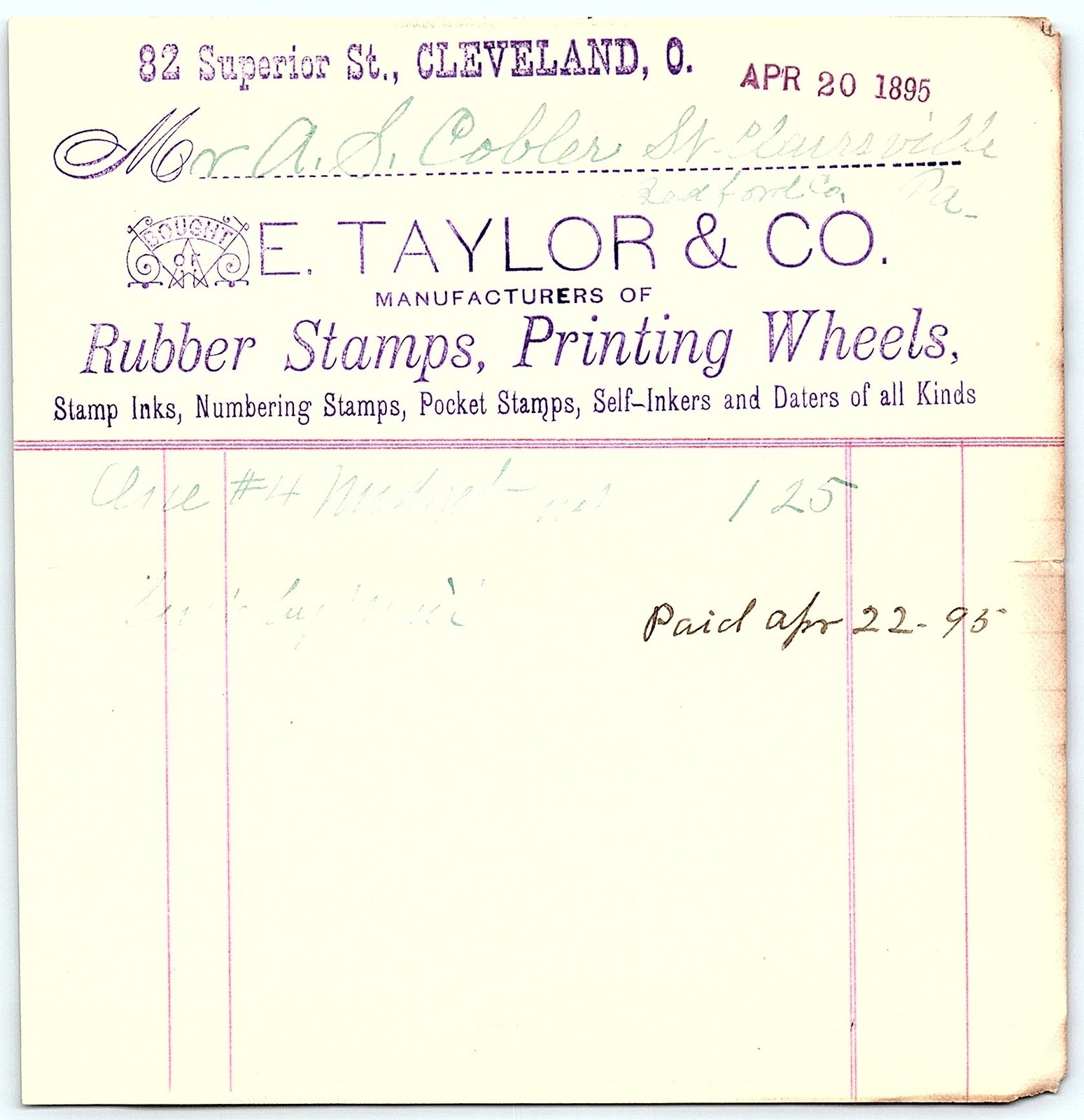 1895 E. Taylor & Co. Cleveland OH Rubber Stamps Billhead