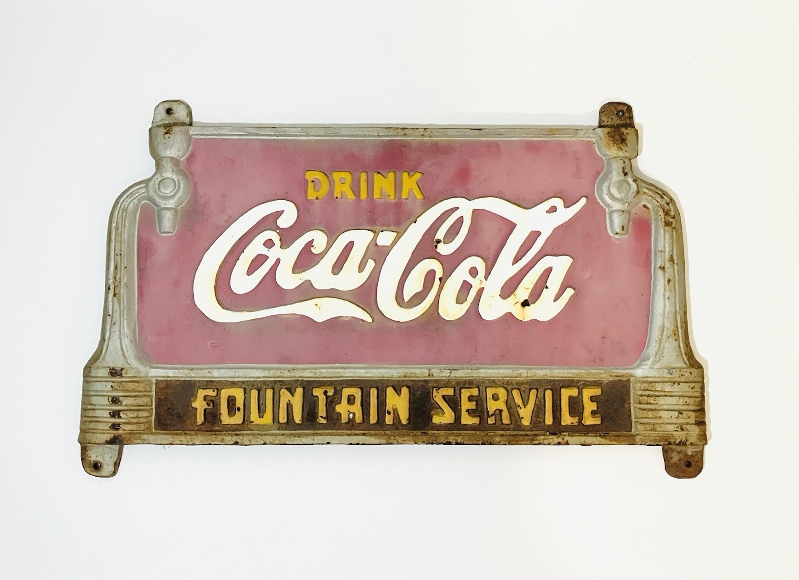 Vintage 1930's Drink Coca Cola Fountain Service Cast Iron Bench Advertising Sign
