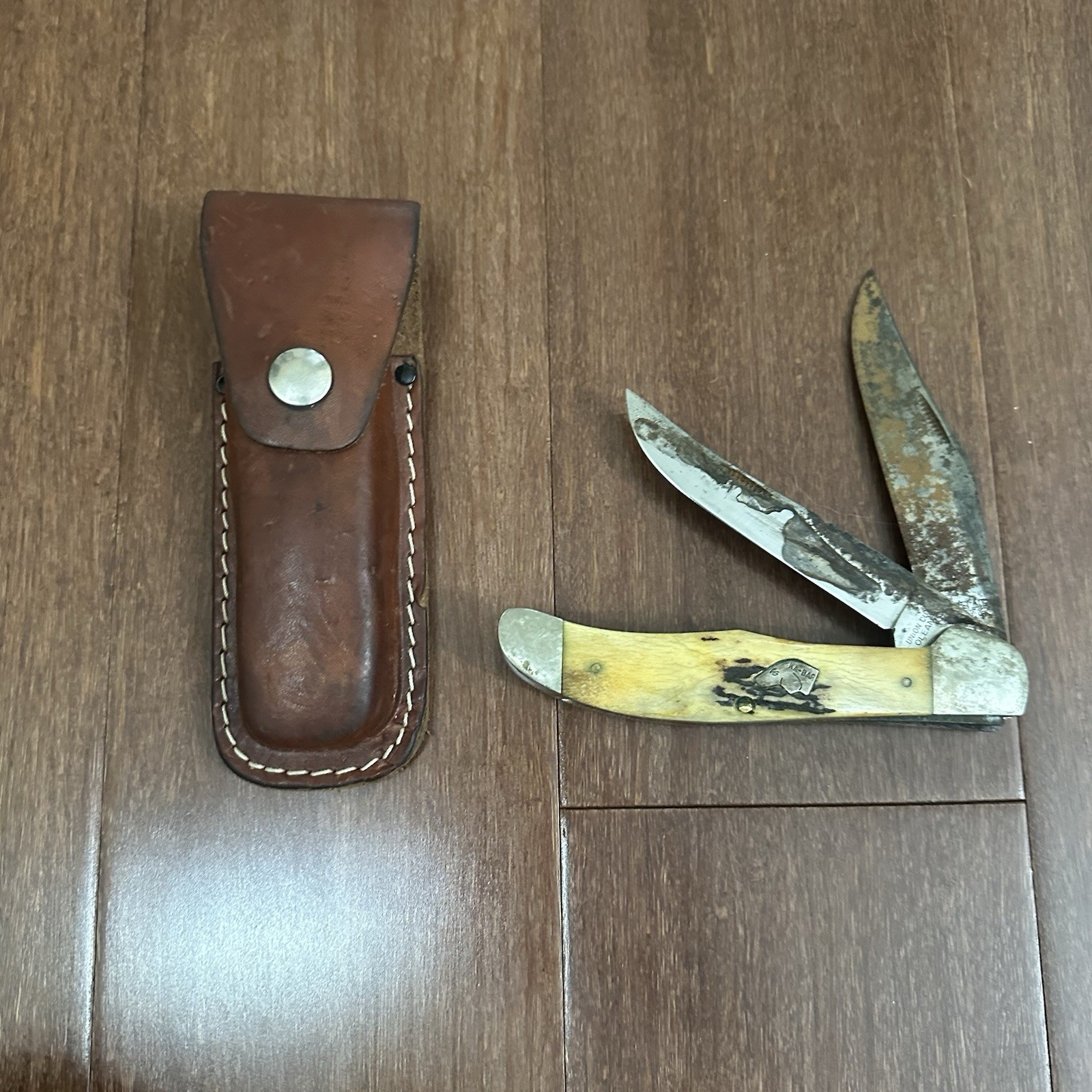 VTG Ka-Bar Union Cut Co Olean, NY Stag V111/78 Dog Head Folding Double Knife