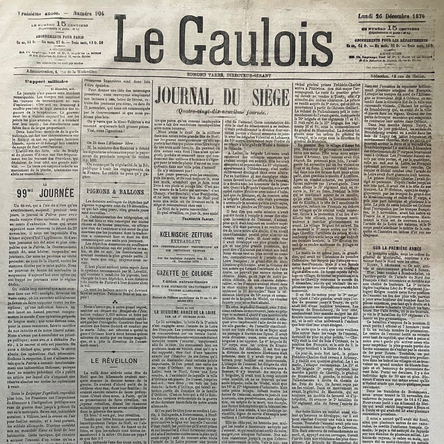 Journal LE GAULOIS 26 December 1870 # Christmas besieged, Rouget-de-L’Isle balloon