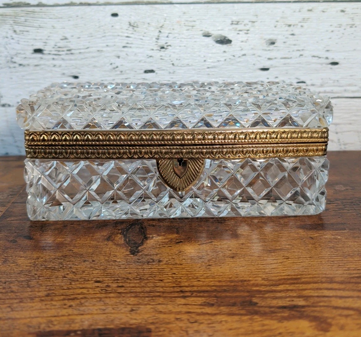 LG Antique French Baccarat Heavy Cut Glass Jewelry Casket Ormolu Box 8.5\