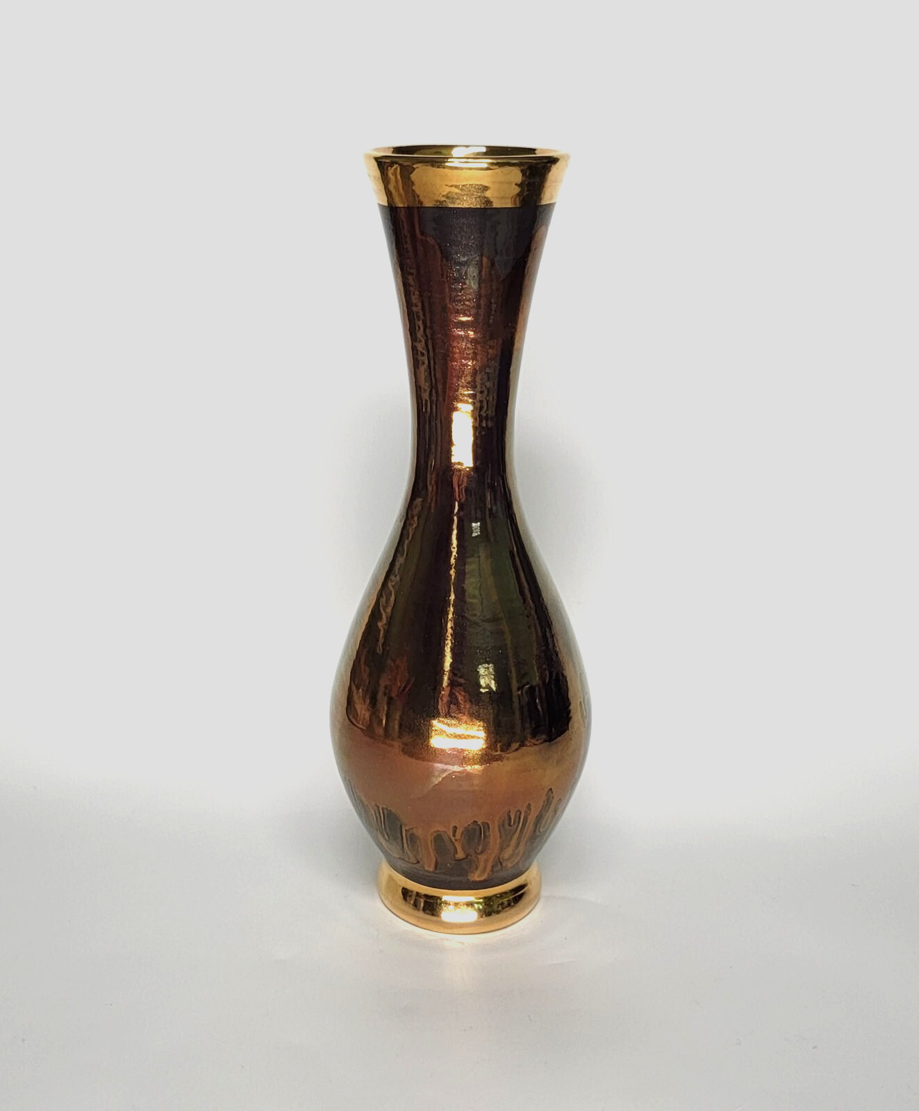 Ceramic Purple Blue Drip Glaze over Gold Gilt Bud Vase Handmade Signed