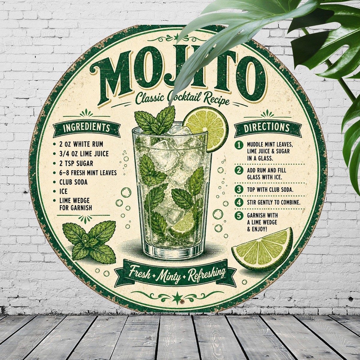 Refreshing Mojito Cocktail Recipe Round Metal Sign Home Bar Pub Decor