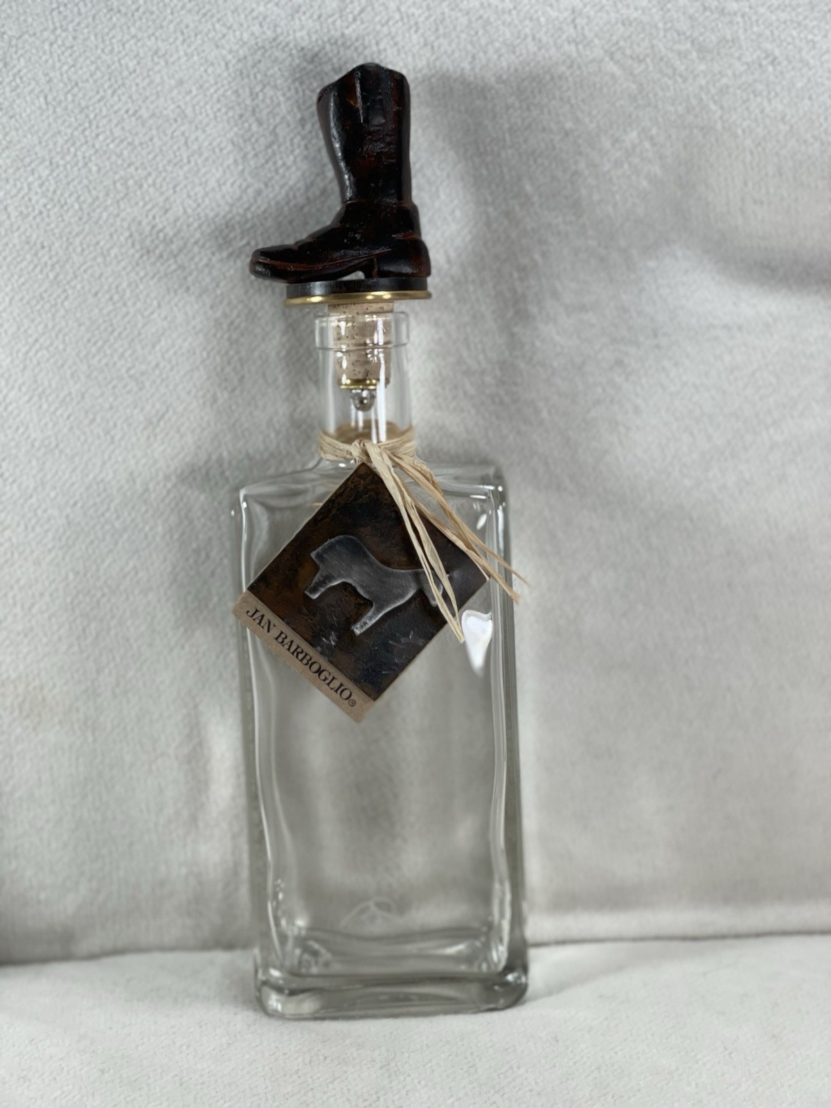 Jan Barboglio “Wayne” Boot Decanter Glass Cast Iron Cowboy Topper New Signed 