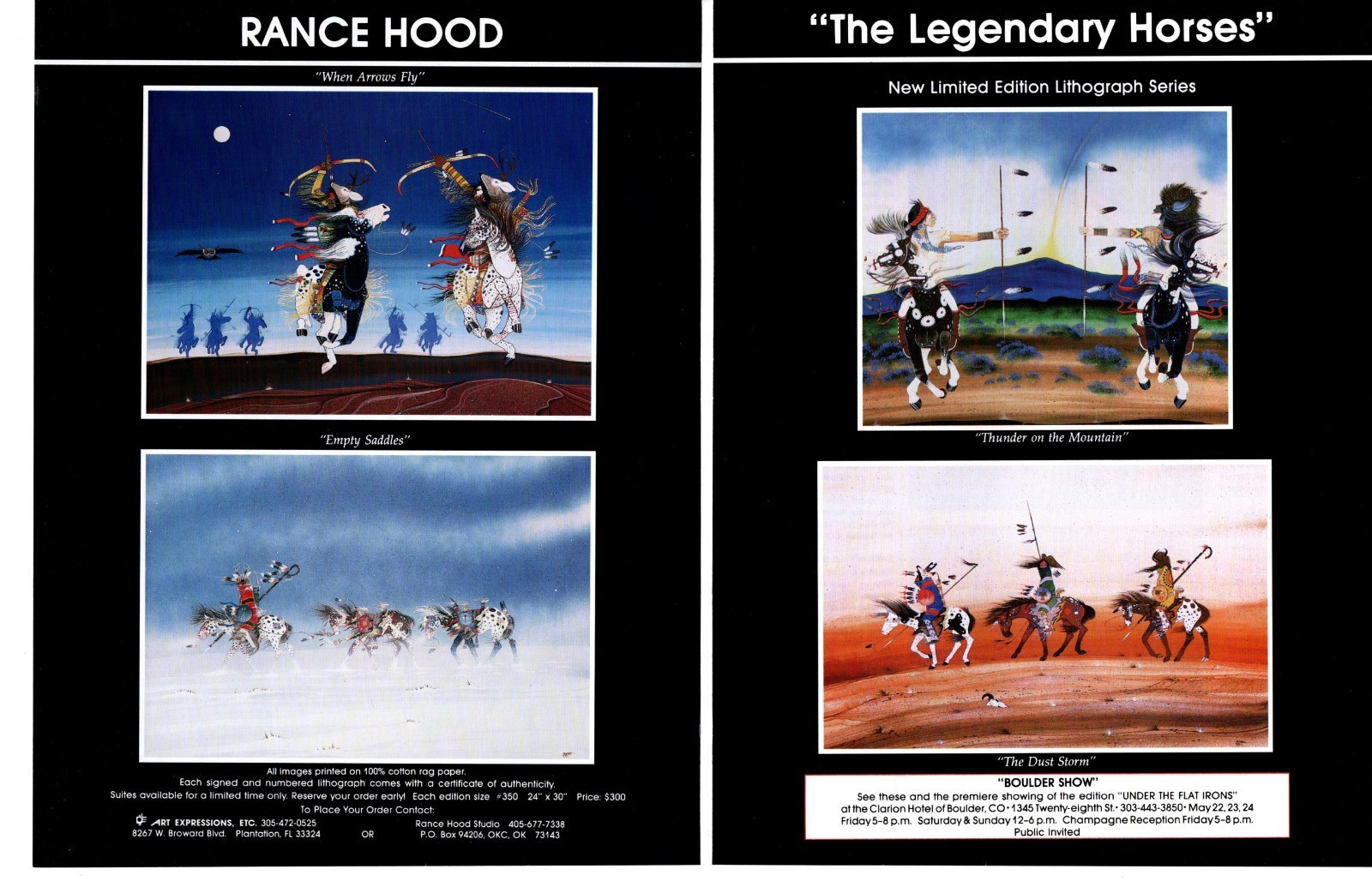 1987 RANCE HOOD 2 PG ART GALLERY EXHIBIT AD, THUNDER ON THE MOUNTAIN EXHIBIT AD