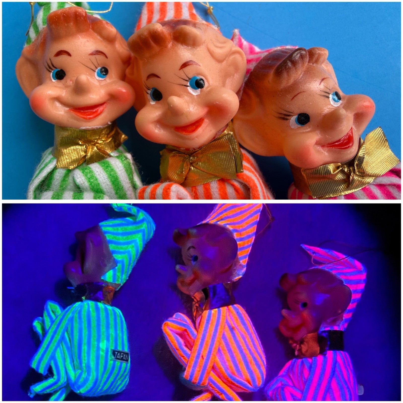 Vtg Set 3 Christmas Pixie Elf Ornaments Florescent Orange Pink Green Glow Japan