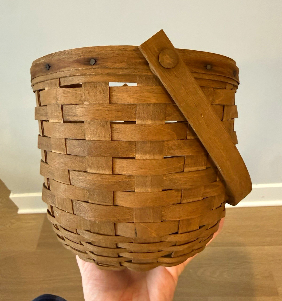 Longaberger Handwoven USA Round Woven Wood Storage Basket w/ Handle Brown
