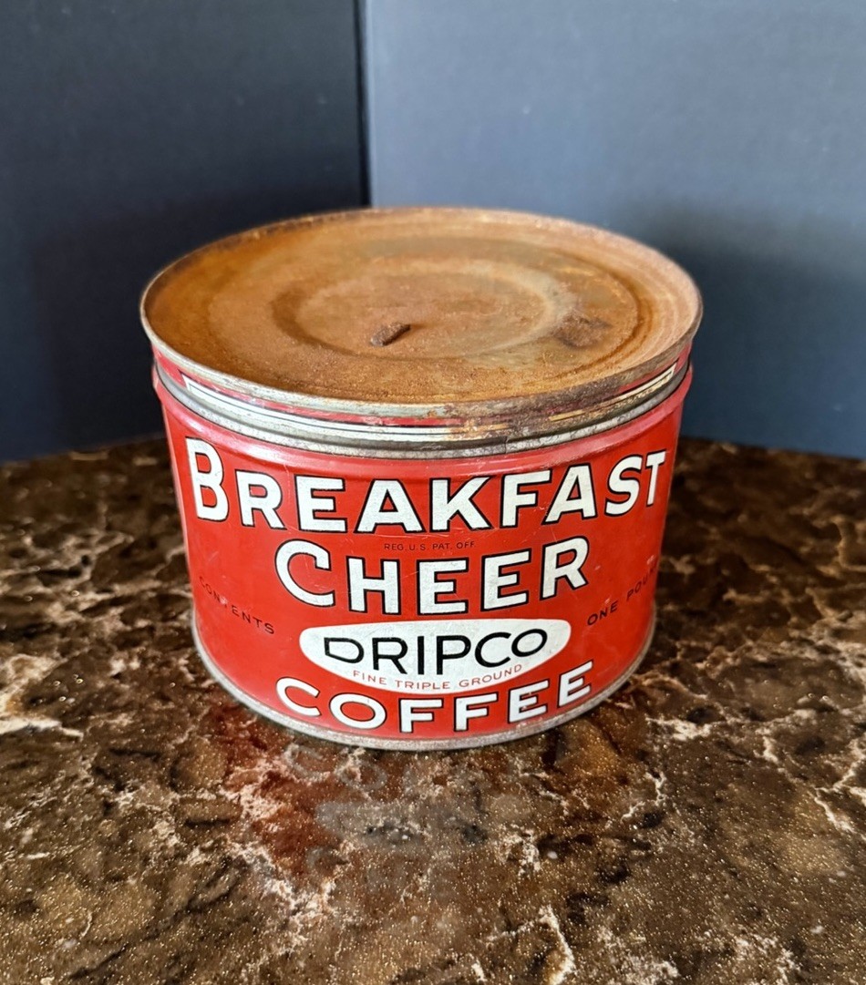 Vintage 40s BREAKFAST CHEER Dripco Coffee Keywind Tin Can w/Lid -Bright Graphics Vintage 40s BREAKFAST CHEER Dripco Coffee Keywind Tin Can w/Lid -Bright Graphics