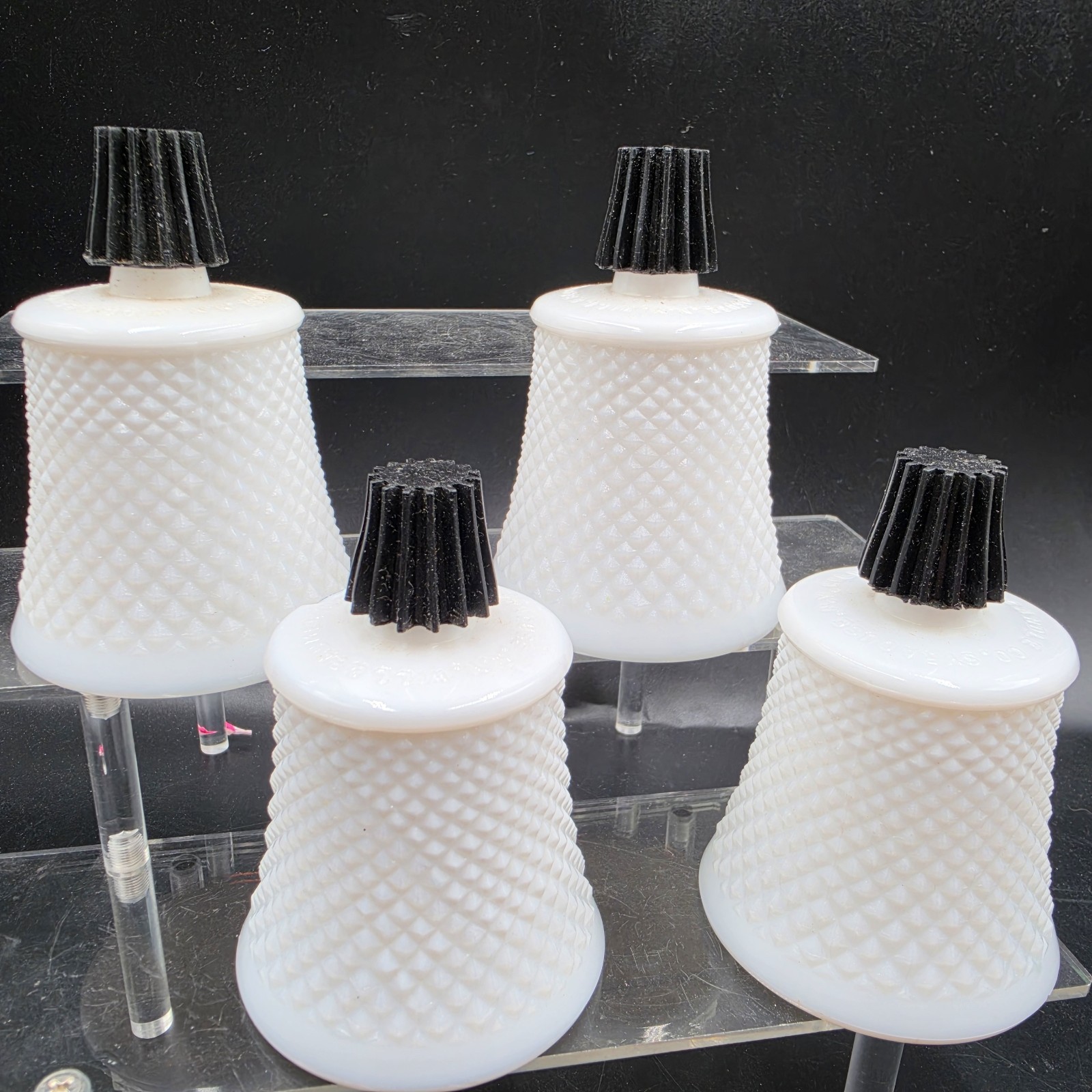 4 Vtg Will & Baumer Milk Glass Whte Diamond Point Glass Peg Votive Candle Holder