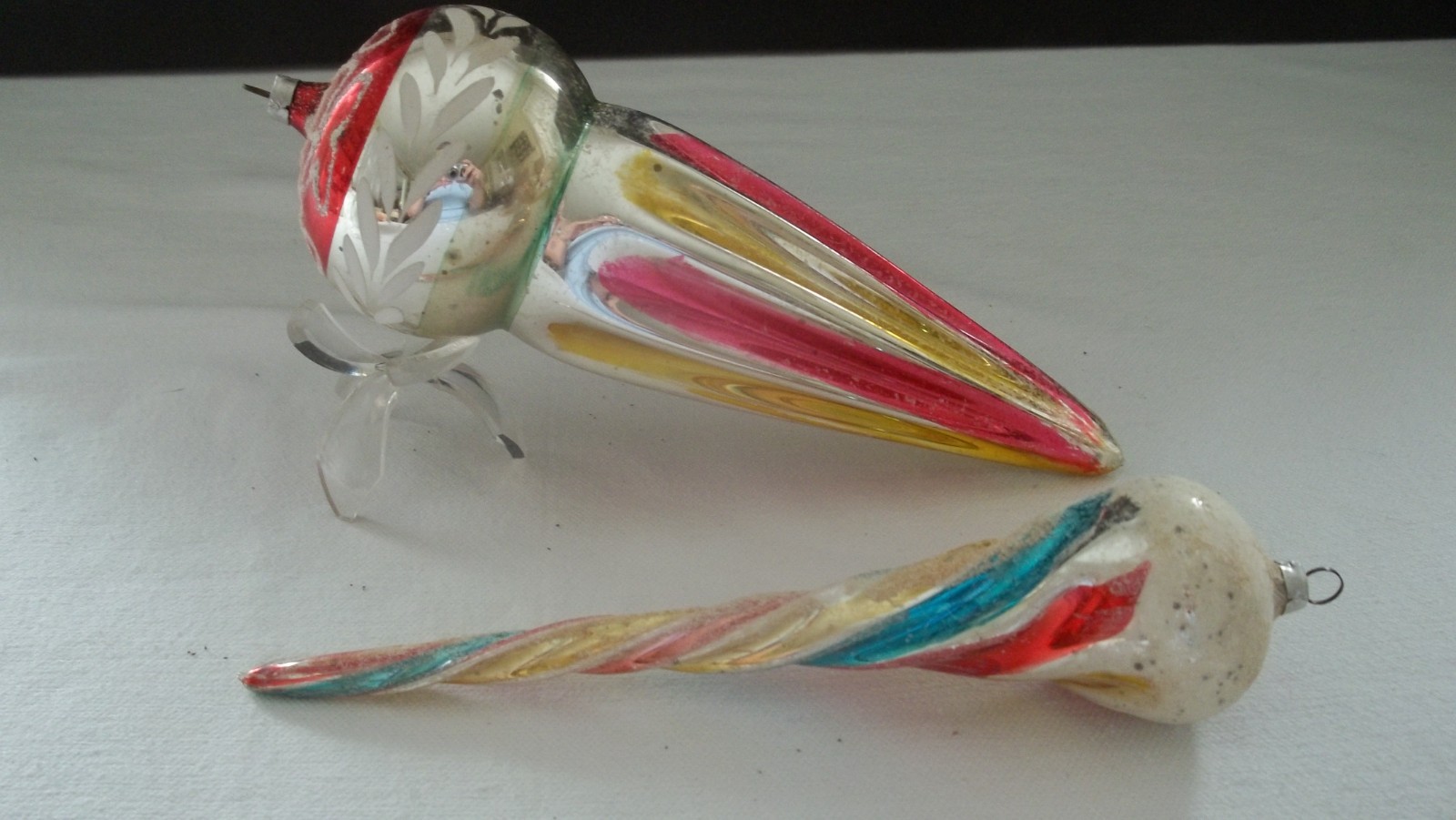2 XLG Vintage Christmas Ornaments Ice Cream Cone Shape w/mica/colorful stripes