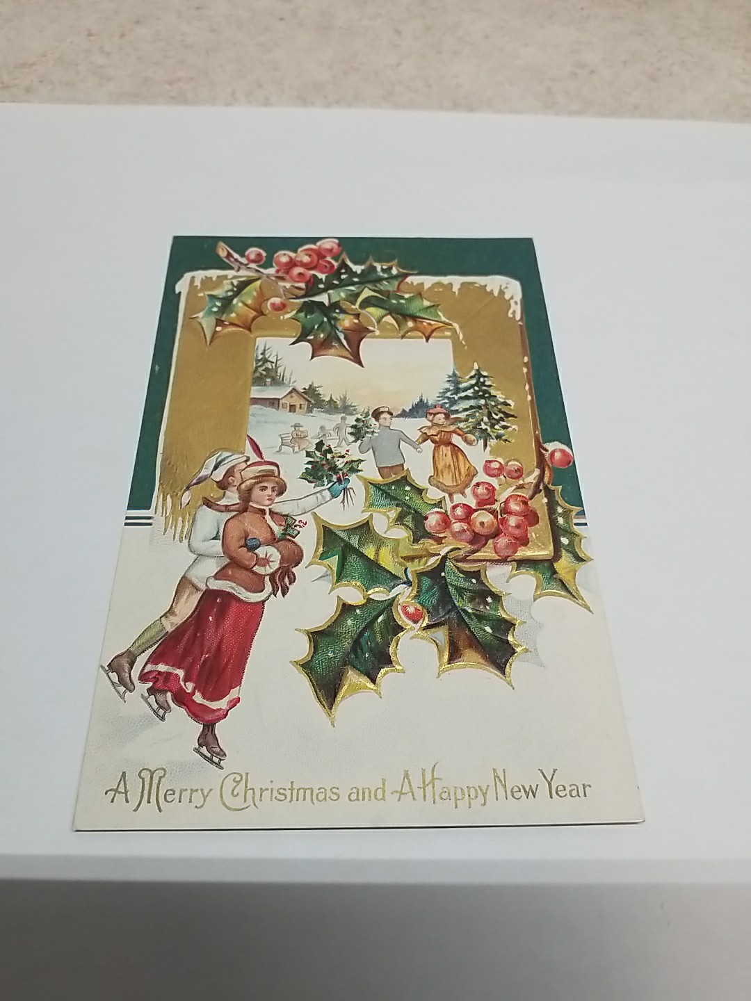 Postcard - Embossed Holiday Print - A Merry Christmas & A happy New Year Postcard - Embossed Holiday Print - A Merry Christmas & A happy New Year
