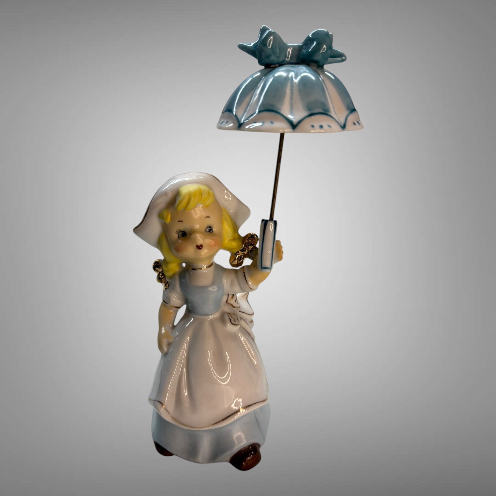Vintage MCM Napco Ceramic Dutch Girl Carrying an Umbrella Figurine Made in Japan
