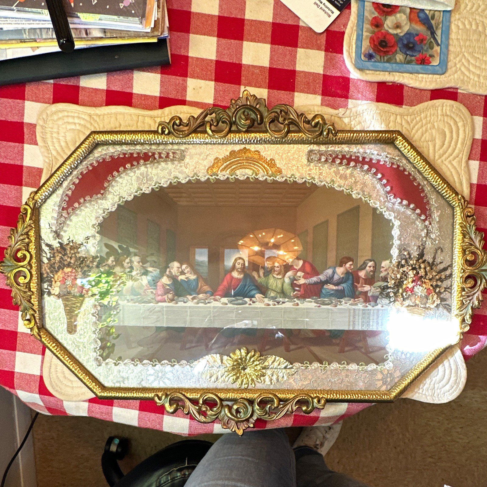 Vintage Italian Last Supper Shadow Box Ornate Gold Frame 24” 1940s–60s