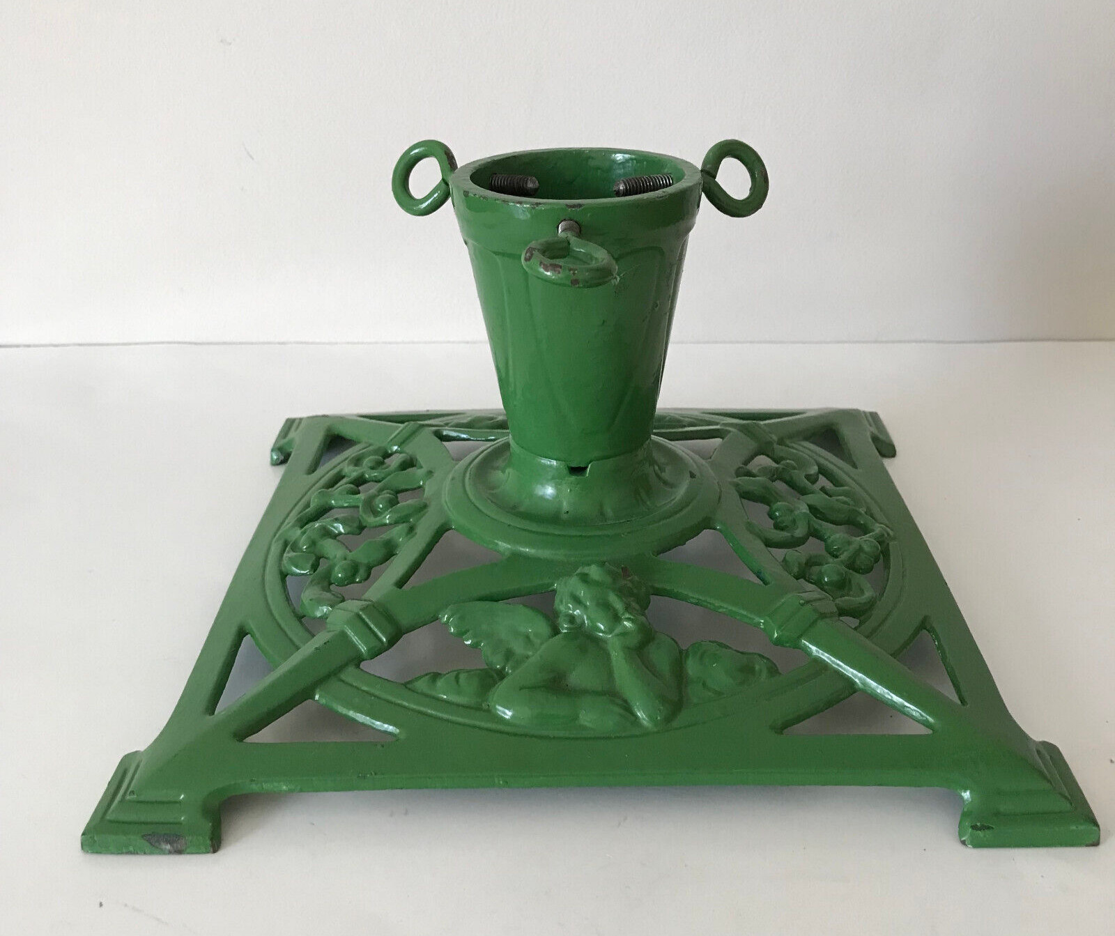 Vtg Antique Cast Iron Christmas Feather Tree Stand Angels Cherubs #907 Germany