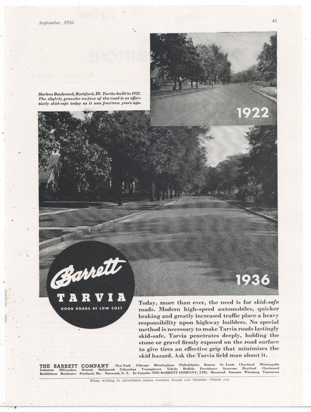 1936 Tarvia Ad: Harlem Boulevard Scene - Rockford, Illinois - 1922 & 1936