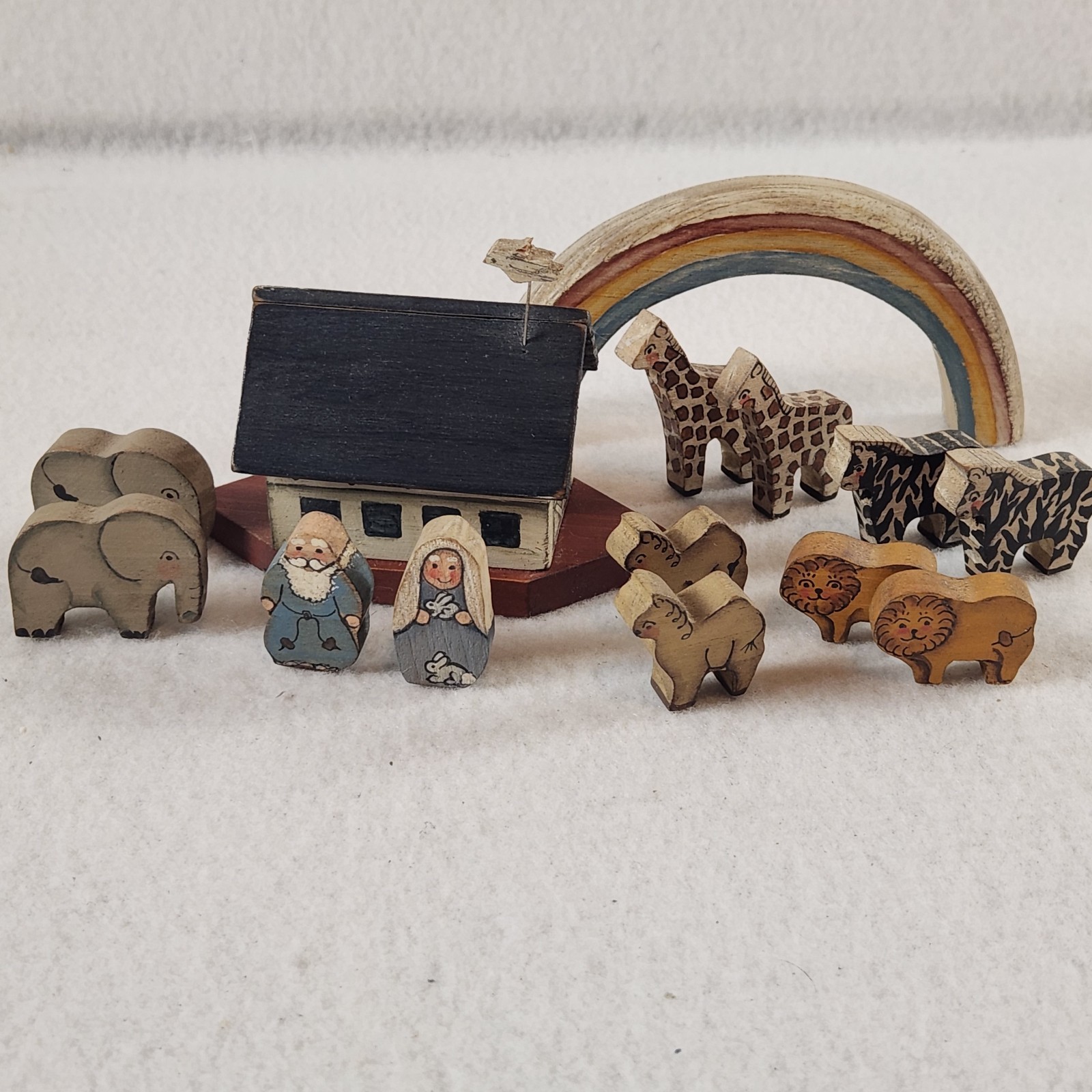 Vintage Carved And Painted Wooden Miniature Noah's Ark With Animals