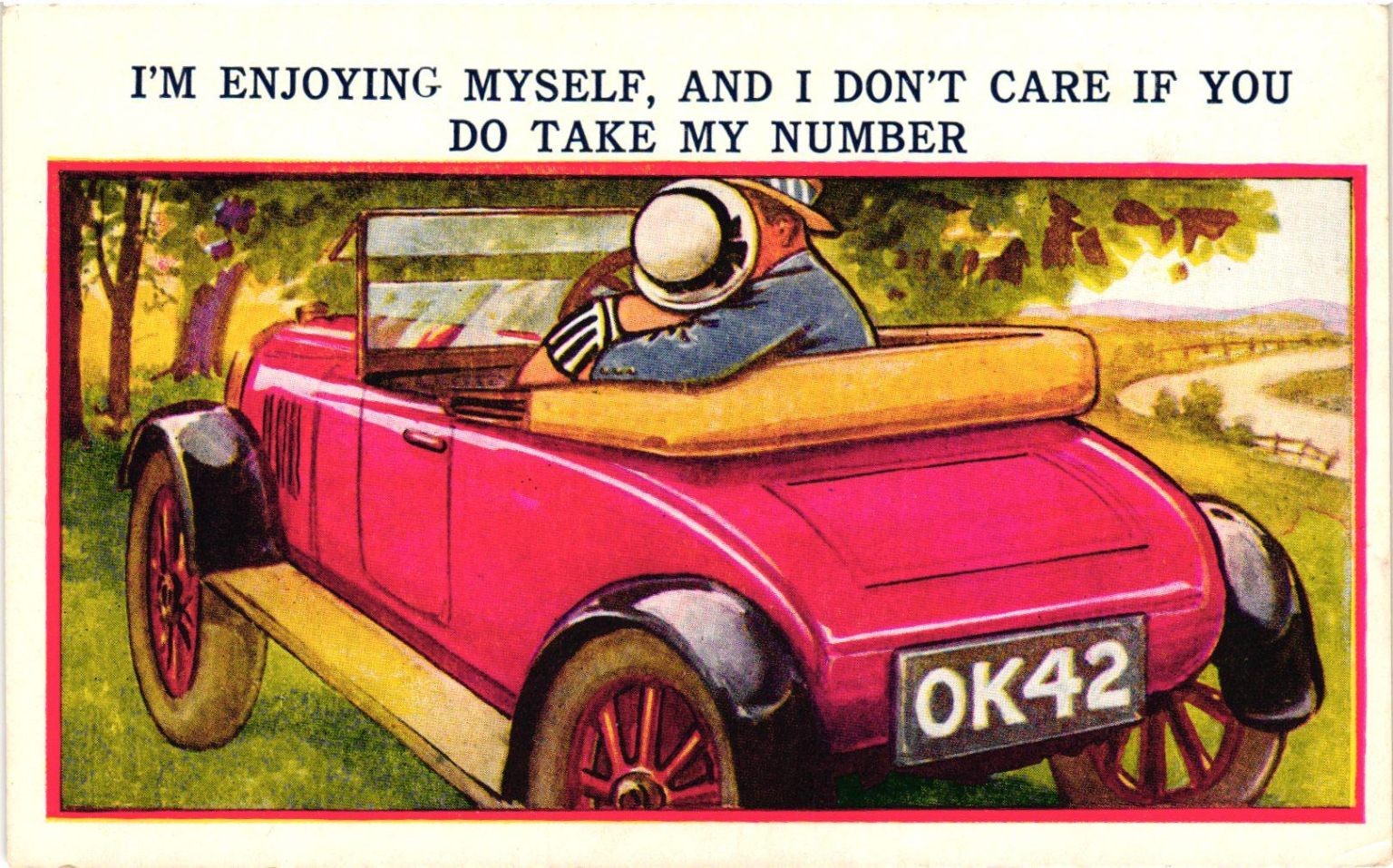 Vintage Comic Postcard Man Kissing Woman in Car I\'M ENJOYING MYSELF Vintage Comic Postcard Man Kissing Woman in Car I\'M ENJOYING MYSELF