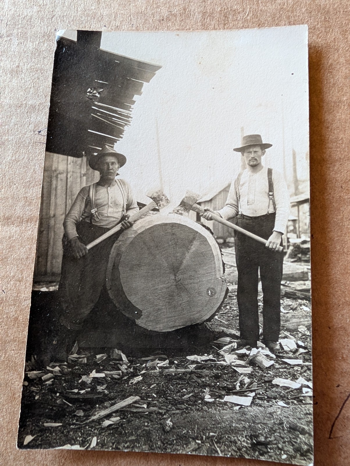 Velox postcard rppc. Loggers Falling Axe With Log. Logging Camp Velox postcard rppc. Loggers Falling Axe With Log. Logging Camp