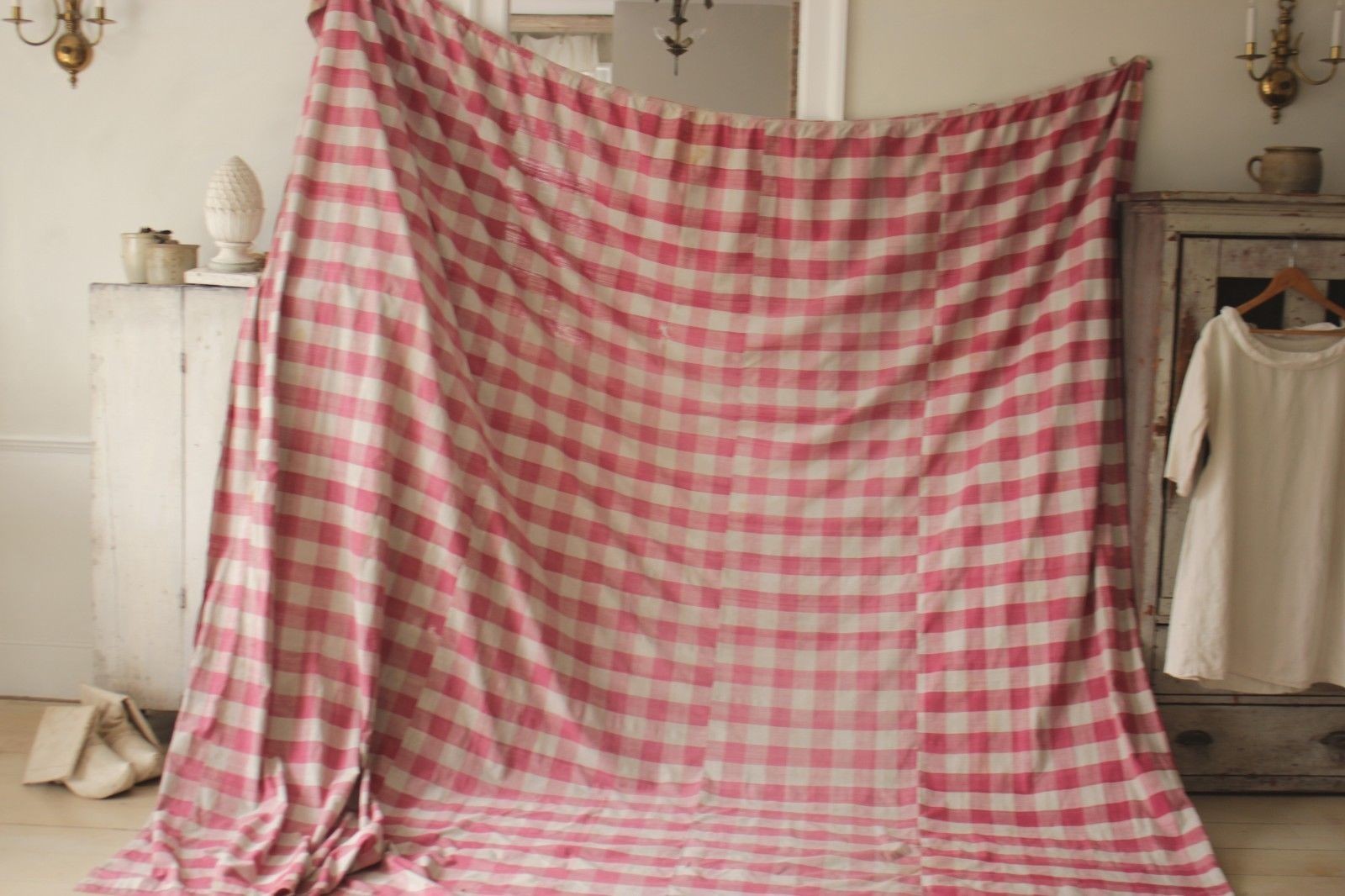 Antique French Vichy check fabric ~ Rose red ~ 1700's early c1750-1800