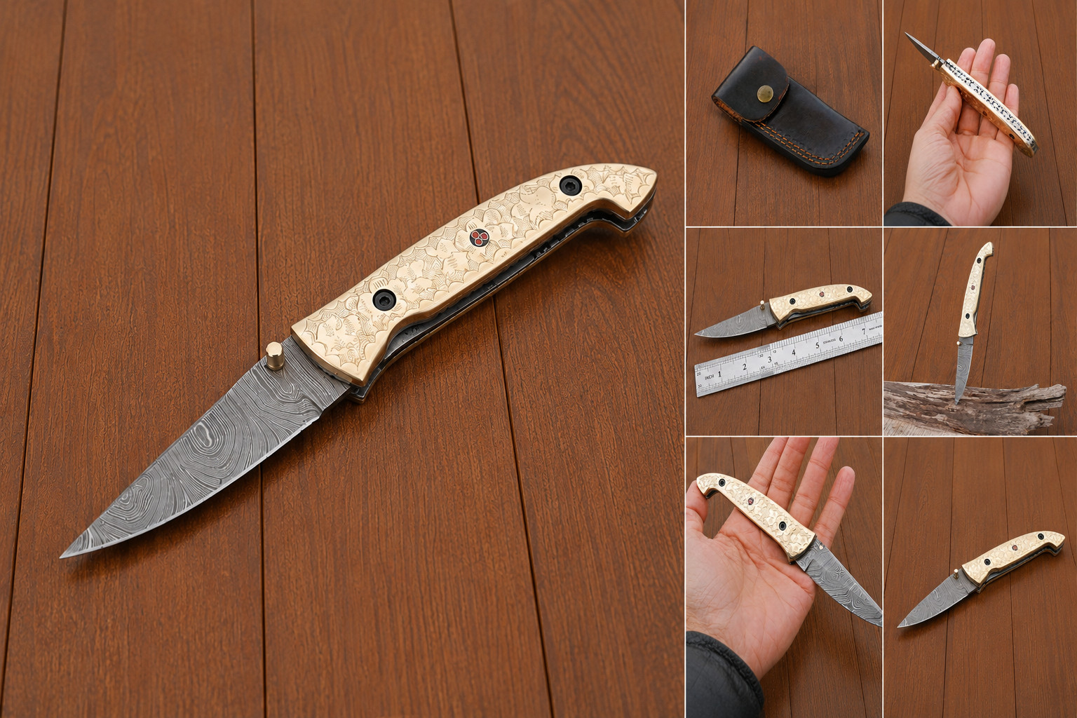 Custom Handmade Damascus Steel Folding Knife –Engraved Brass Handle Pocket Knife