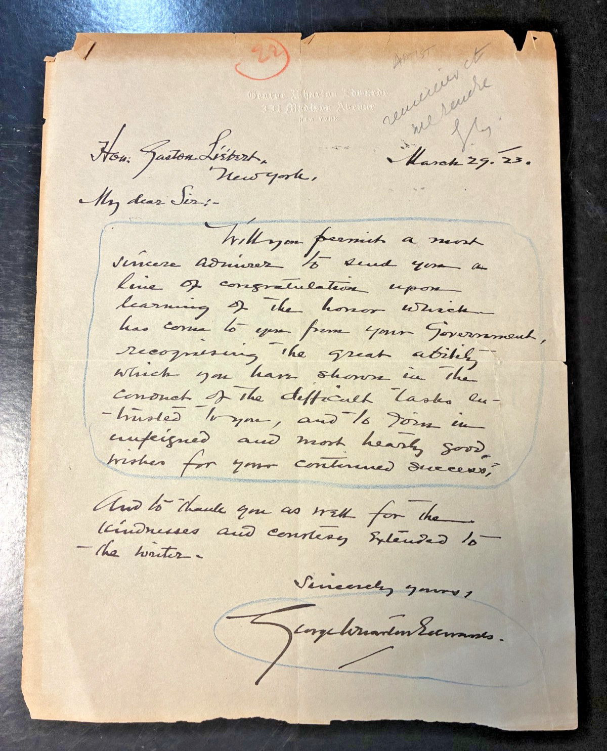 Impressionist Painter George Wharton Edwards 1923 Hand Signed Letter Impressionist Painter George Wharton Edwards 1923 Hand Signed Letter