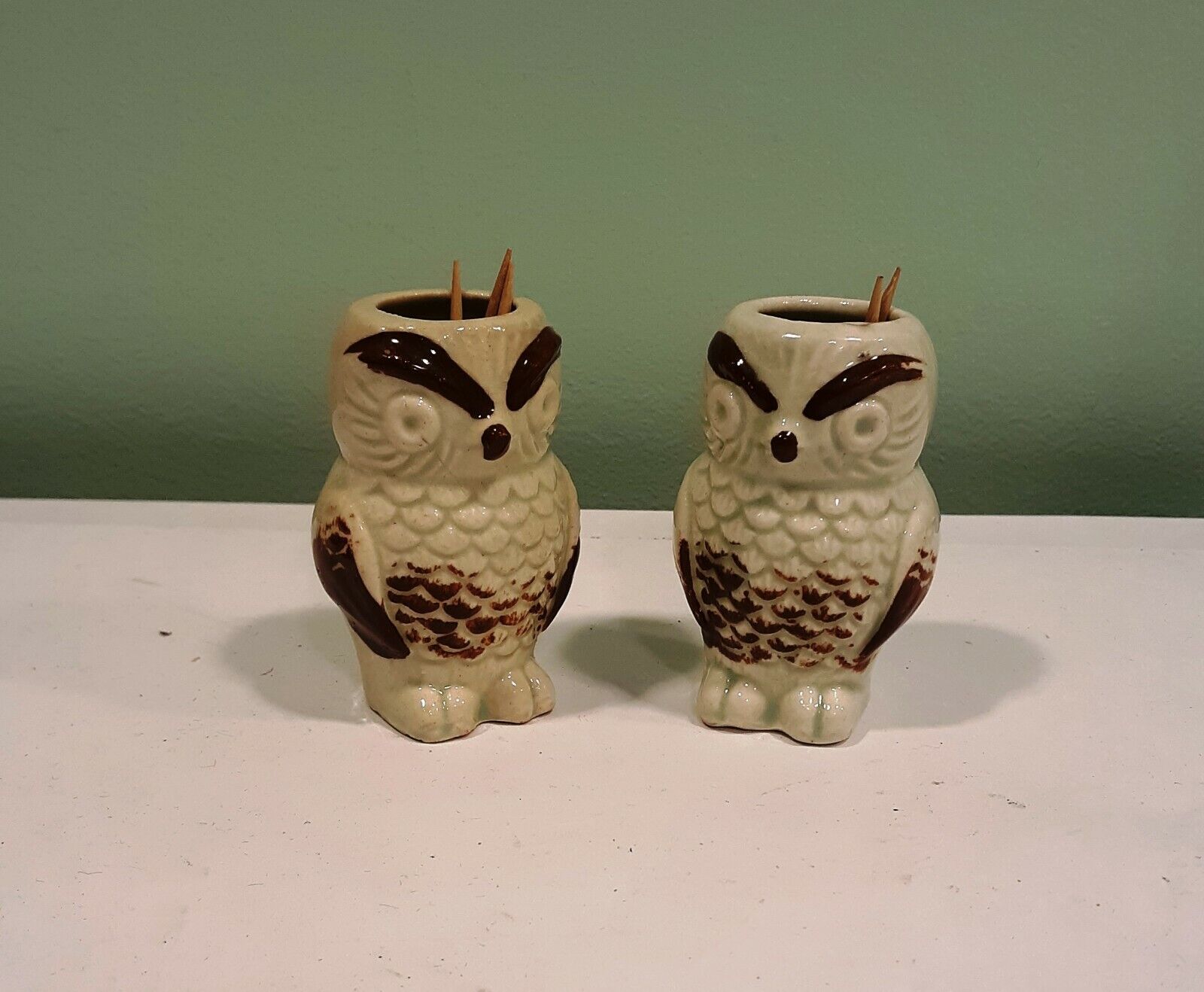 Vintage Japan Pair Owl Toothpick Matchstick Holders 2.5\