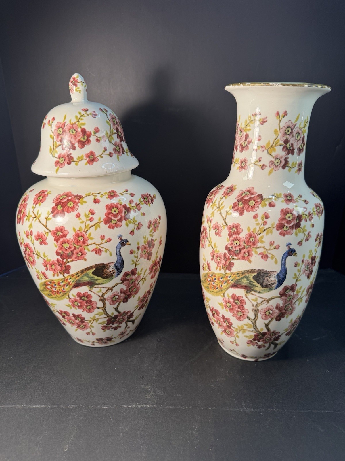 Vintage Yamaji Toyo Floral Peacock Large Vase & Ginger Jar