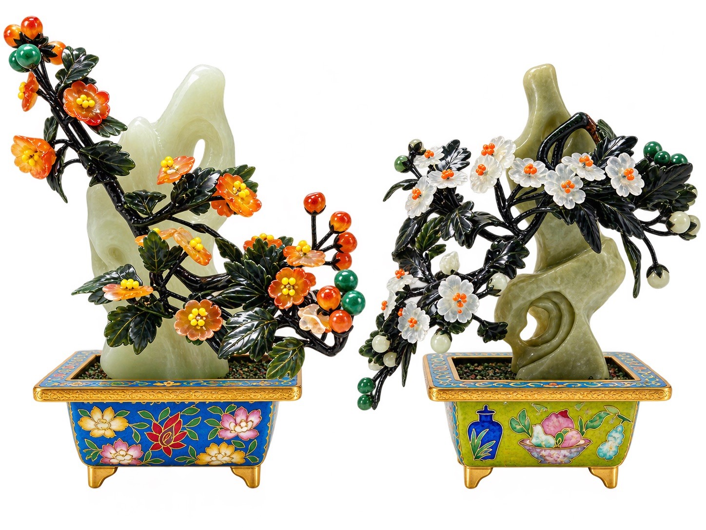 Miniature Palace Style Jade Flower Bonsai in Cloisonne Planters 百寶花卉青玉假山小盆景(一對) Miniature Palace Style Jade Flower Bonsai in Cloisonne Planters 百寶花卉青玉假山小盆景(一對)