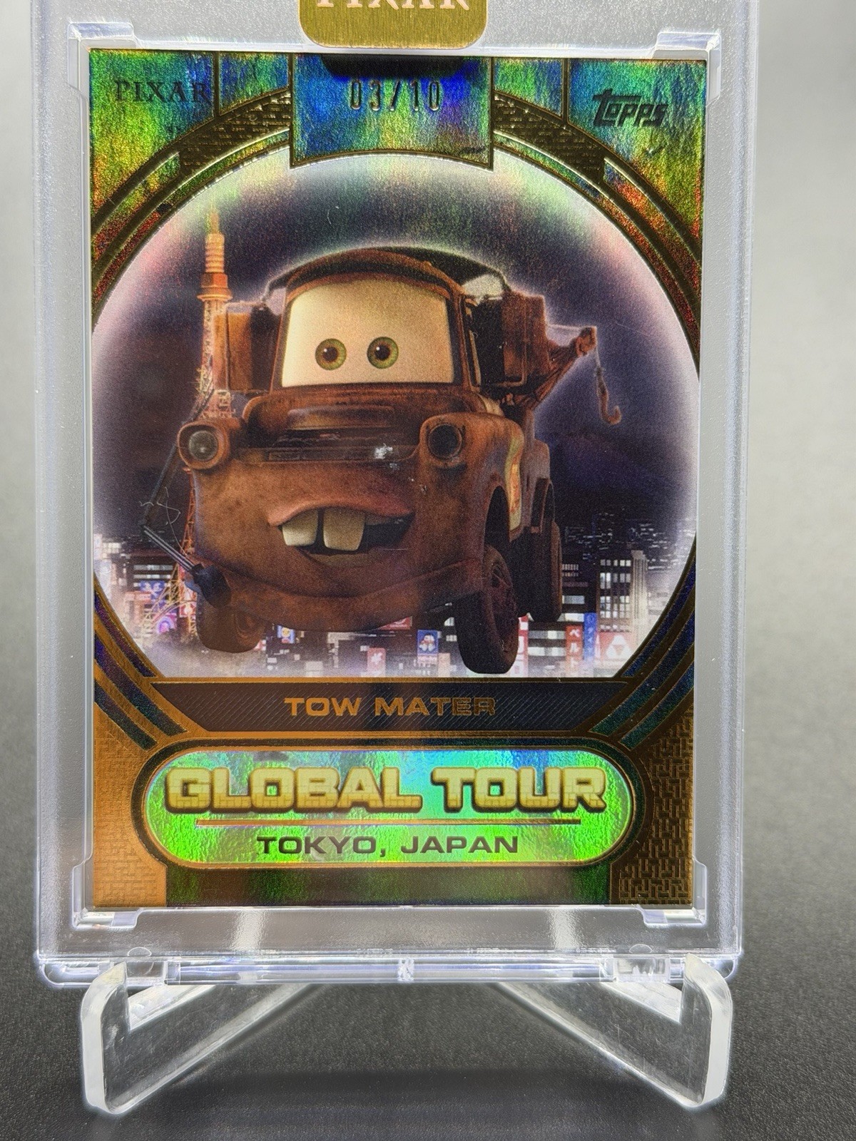 Tow Mater 2025 Topps Chrome Pixar Gold Global Tour Black #’d 03/10