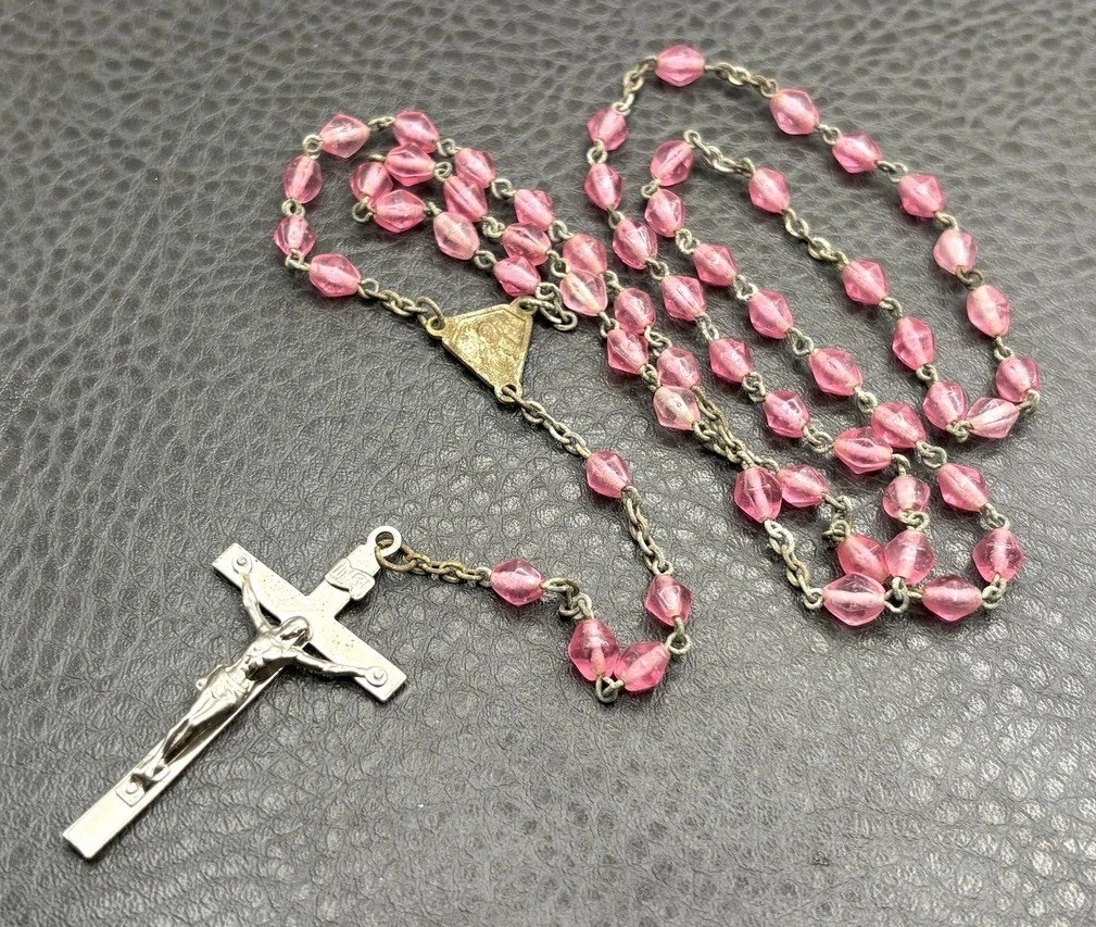 Vintage Pink Glass Bead Rosary with Silver-Tone Crucifix 26” Necklace