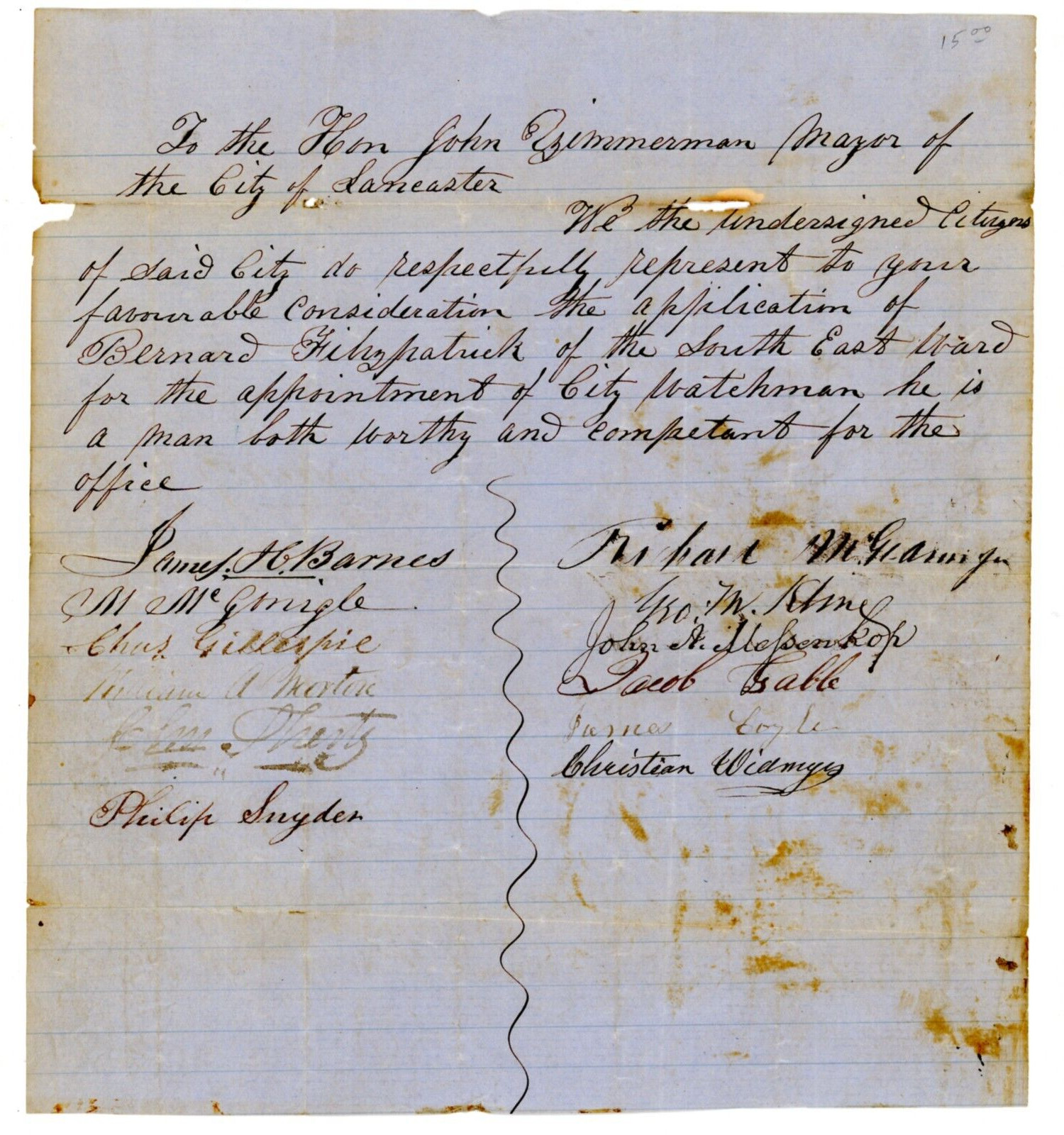 1856 Lancaster PA Petition Bernard Fitzpatrick City Watchman Signed Manuscript