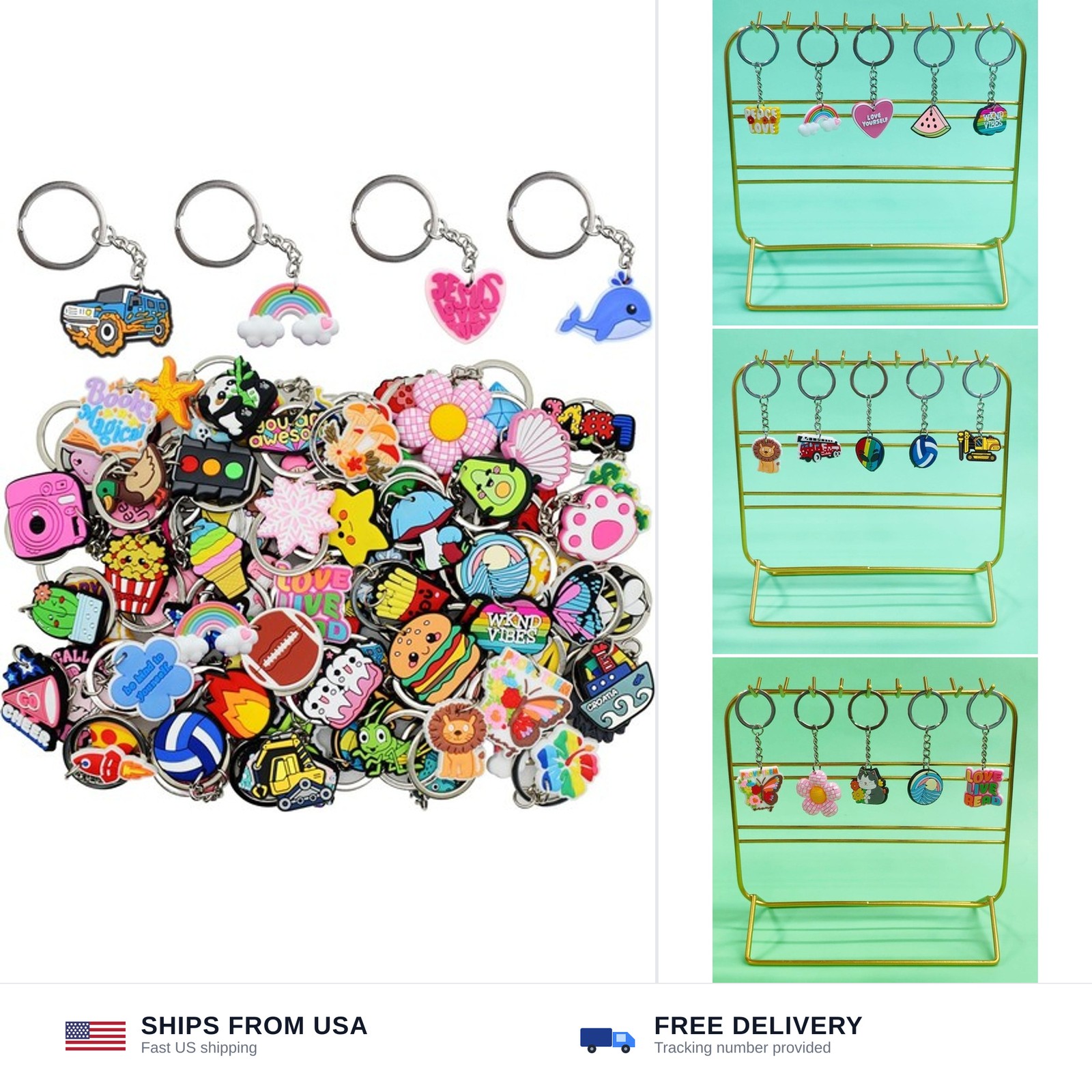 100pc random different keychains lot mixed cute keyring classroom prizes