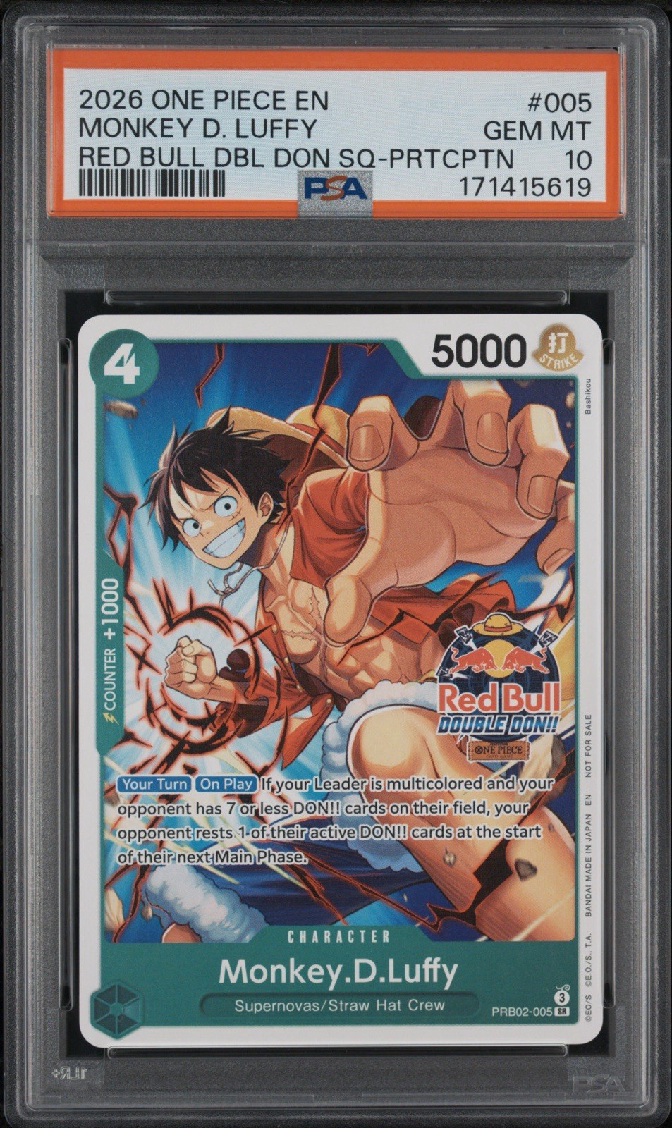 2026 One Piece Monkey D Luffy Red Bull Double Don Participation Promo 5 PSA 10 C