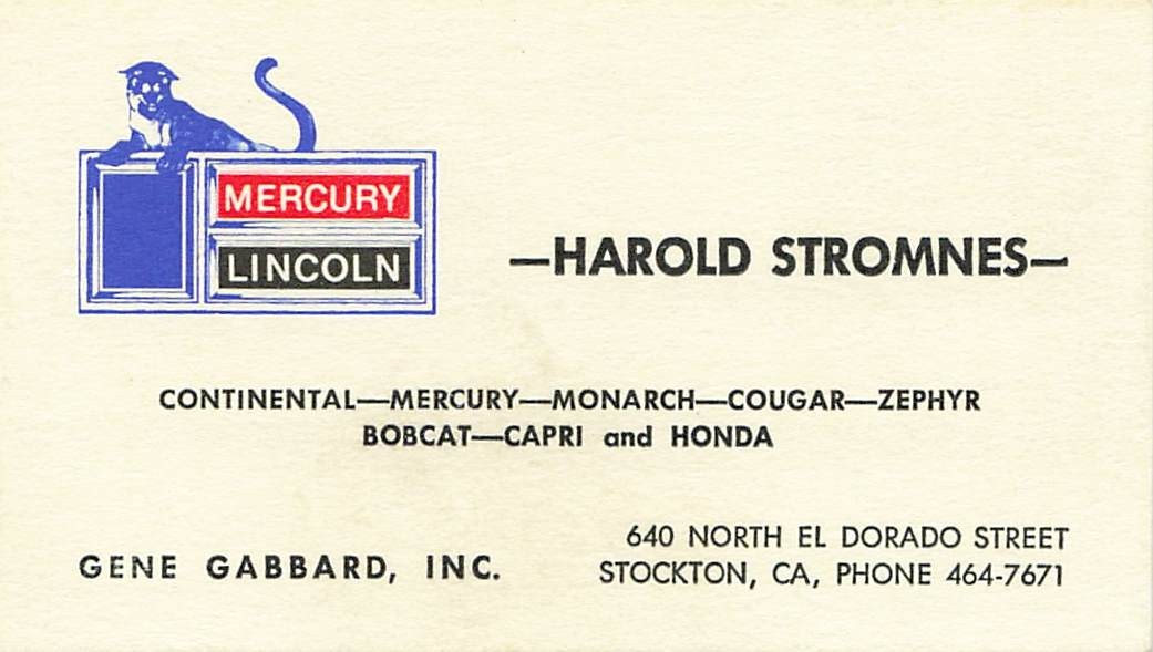 1960s LINCOLN MERCURY CAR DEALERSHIP GENE GABBARD BUSINESS CARD STOCKTON CA
