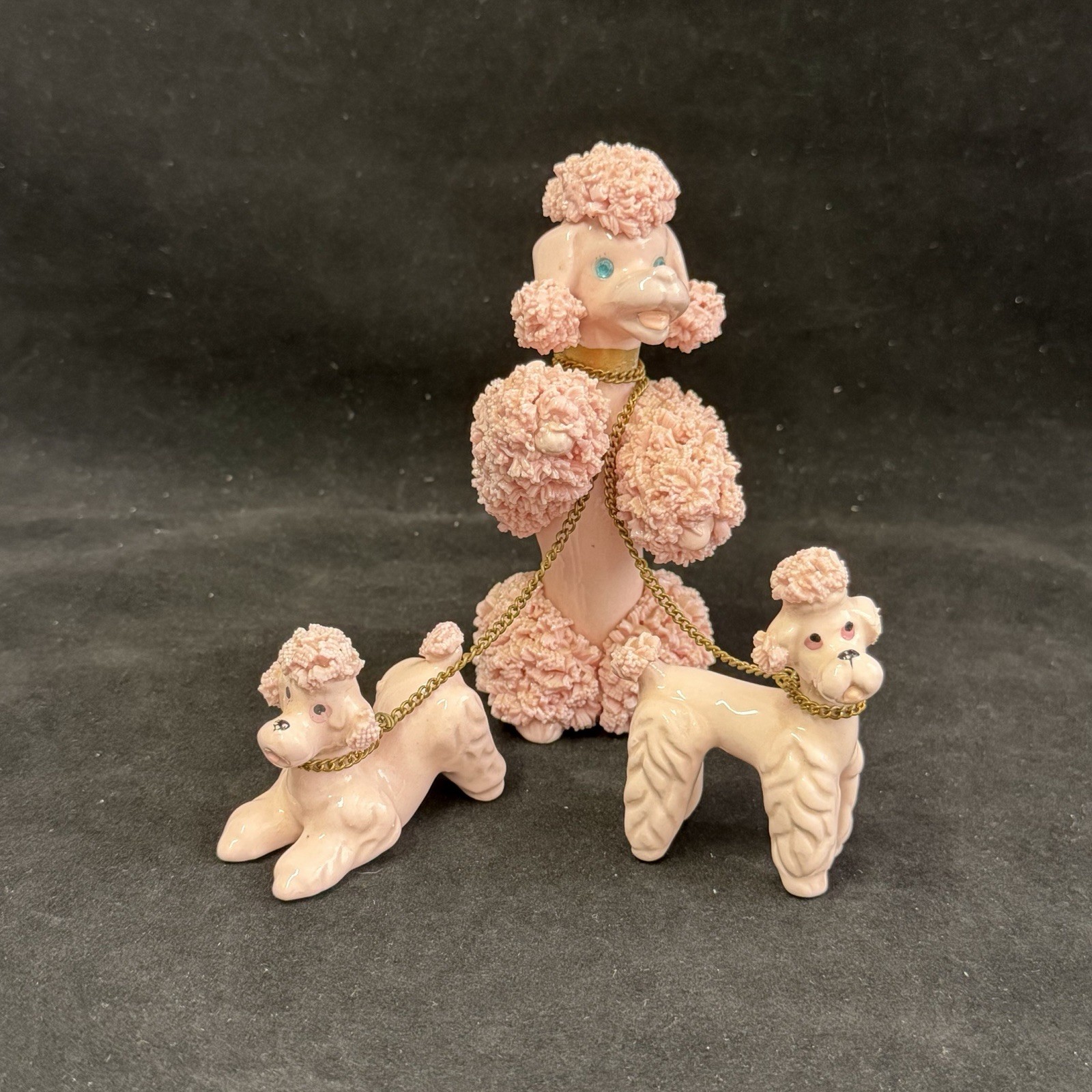 Vintage PINK Porcelain Spaghetti Poodle Dog Figurine Set Family Chain