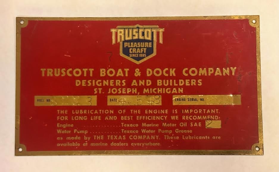 Original OEM Vintage Truscott Boat & Dock Company Brass Data Plate 1948 Original OEM Vintage Truscott Boat & Dock Company Brass Data Plate 1948