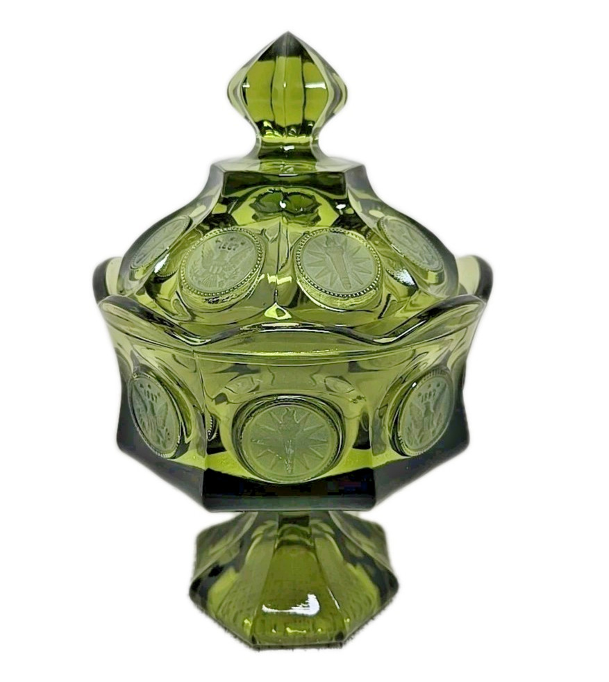 VTG Fostoria Olive Green Coin Glass Candy Wedding Bowl w/Lid & Pedestal 8.5 VTG Fostoria Olive Green Coin Glass Candy Wedding Bowl w/Lid & Pedestal 8.5