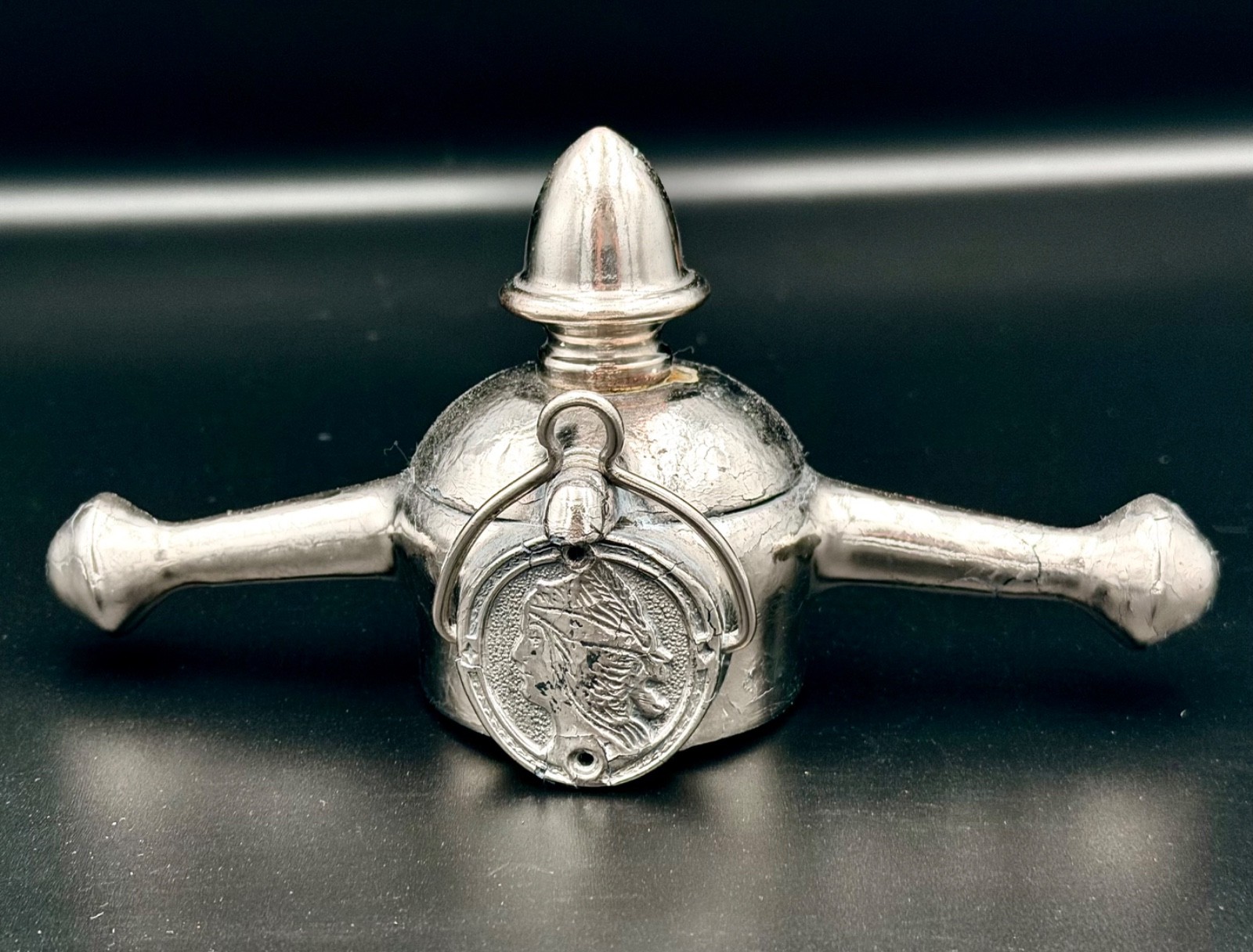 1920\'s Kingsley Miller Monogram Locking Radiator Cap Goddess Shield Vintage Orig 1920\'s Kingsley Miller Monogram Locking Radiator Cap Goddess Shield Vintage Orig