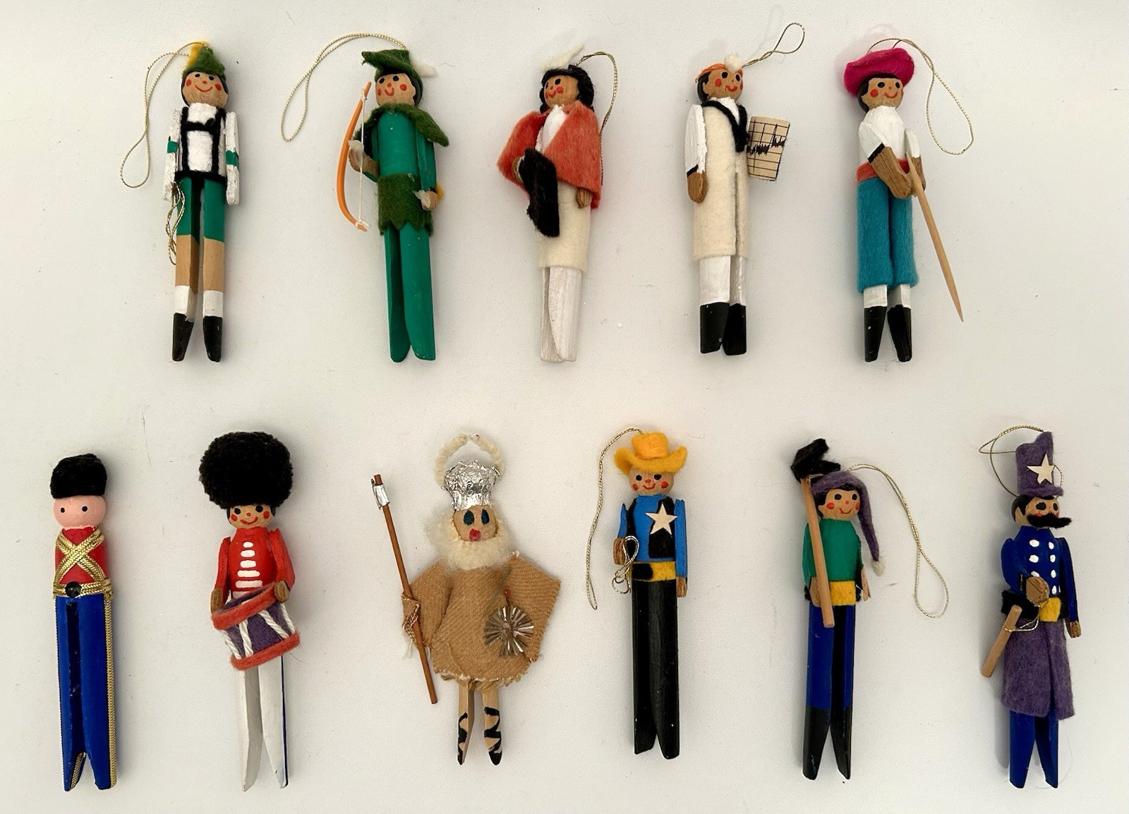 Vintage Handmade Clothespin Christmas Ornaments Lot 11 Handmade Folk Art Figures