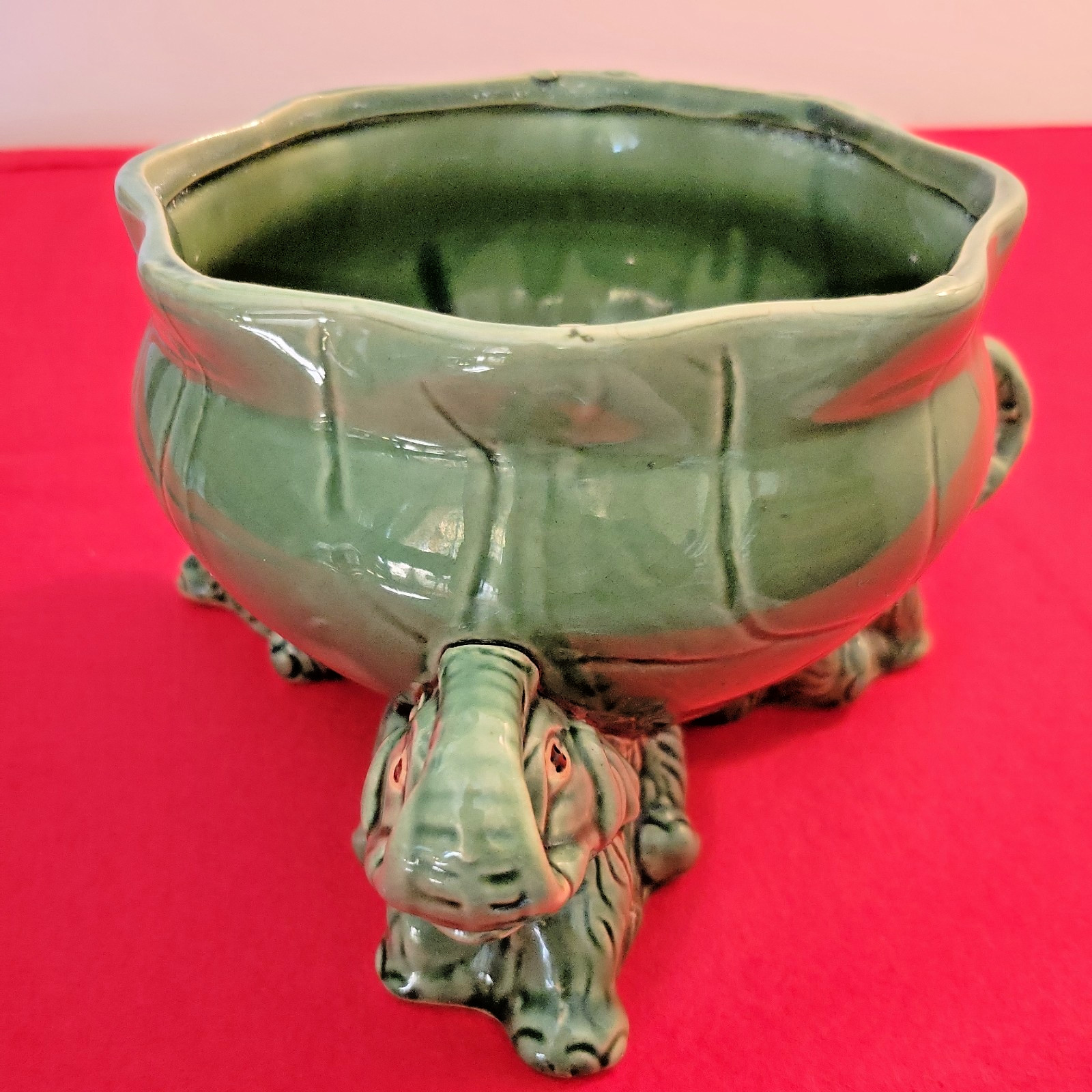 Vintage Green Pottery Elephant Planter Bowl 3 Elephant Feet Good Luck Trunk Up Vintage Green Pottery Elephant Planter Bowl 3 Elephant Feet Good Luck Trunk Up