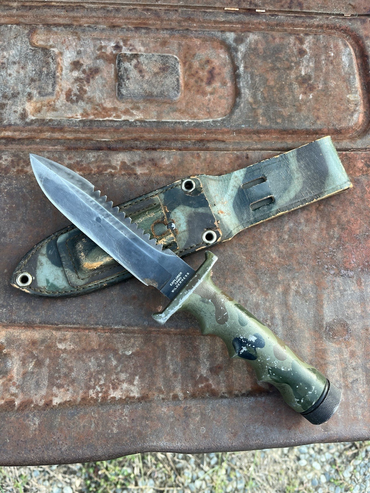Vintage Camo Explorer Wilderness Knife 21-059 Japan 440 Stainless w/ Sheath