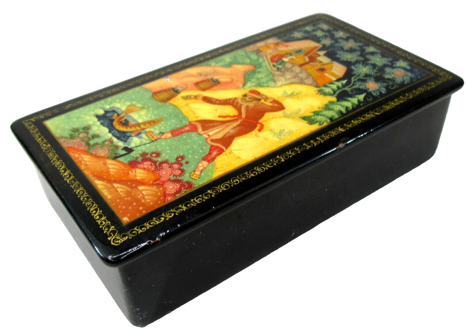 Vtg signed Russian Fedoskino Lacquar Box Mstera Emelya & Magic Pike hinged 5\