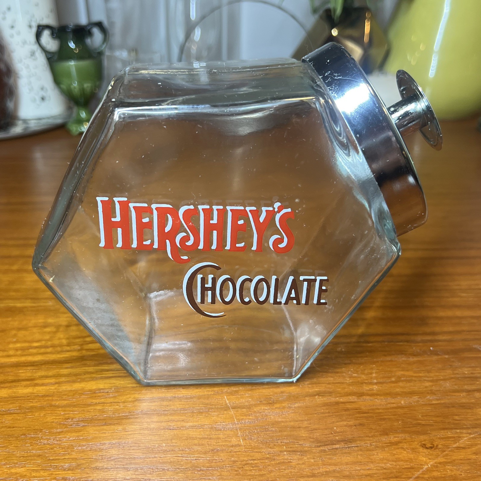 Vintage Hershey’s Chocolate Hexagon Glass Candy Cookie Jar w/Chrome Lid